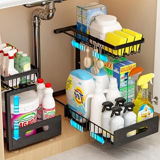 ADOYMIRO 2-Pack Adjustable Under Sink Organizer - Pull Out Sliding Shelves for Kitchen Bathroom Cabinet Storage