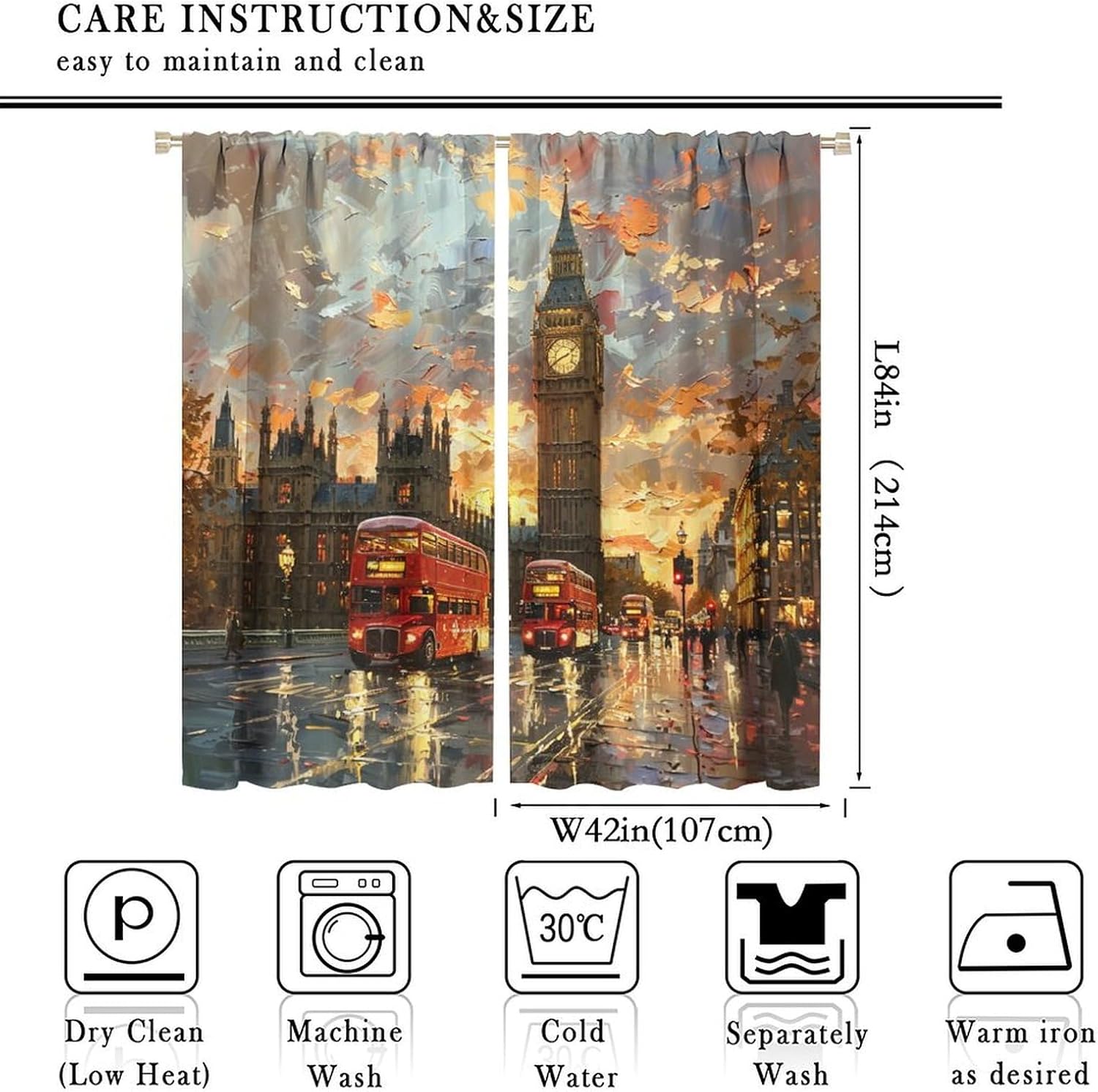 Classic Building Oil Painting Blackout Curtains for Bedroom/Living Room, Romantic Big Ben London Thermal Insulated Curtains Rod Pocket Window Drapes, 2 Panels/Each 42" W x 84" L