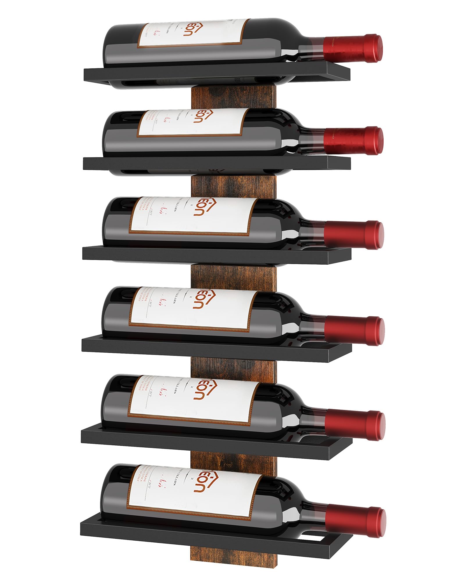 Hoctieon Wine rRack Wall Mounted for 6 Bottles, Wine Bottle Rack Glass Holder Display Shelf for Kitchen Bar Dining Room Living Room, Rustic Brown