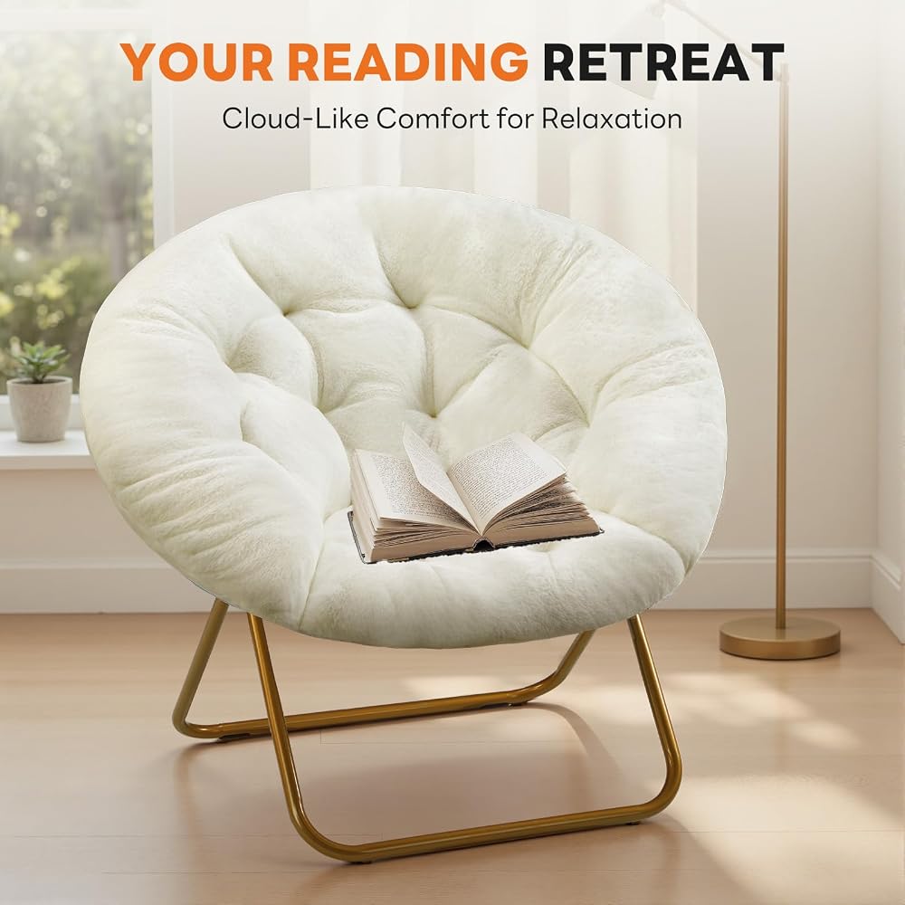 Sweetcrispy Saucer Chairs, Comfy Folding Cozy Faux Fur Living Room Reading Lounge Chair with Soft Thick Padded Seat & Metal Frame Modern Style Bedroom Home Dorm for Kids Adults, X-Large - Cream