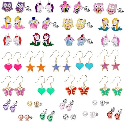 33 Pairs Stainless Steel Cartoon Earrings for Girls - Hypoallergenic Colorful Stud Earing Set, Mix & Match Cute Earring for Teens, Kids, Doll Dressup Accessories