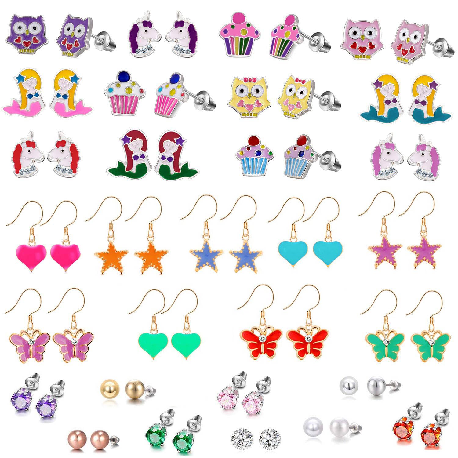 33 Pairs Stainless Steel Cartoon Earrings for Girls - Hypoallergenic Colorful Stud Earing Set, Mix & Match Cute Earring for Teens, Kids, Doll Dressup