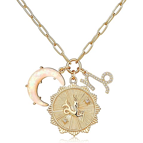 MISS RIGHT Gold Zodiac Sign Coin Necklace with Opal Crescent Moon Charm for Women Trendy, Dainty Gold Paperclip Chain 12 Constellation Horoscope Necklaces Astrology Jewelry Gifts