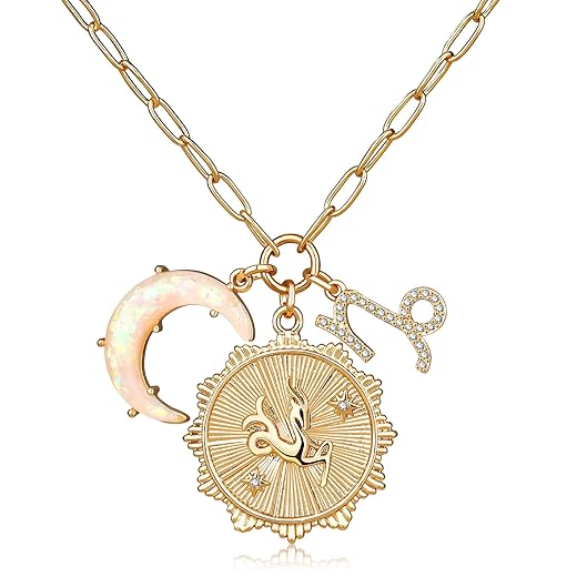 MISS RIGHT Gold Zodiac Sign Coin Necklace with Opal Crescent Moon Charm for Women Trendy, Dainty Gold Paperclip Chain 12 Constellation Horoscope Necklaces Astrology Jewelry Gifts