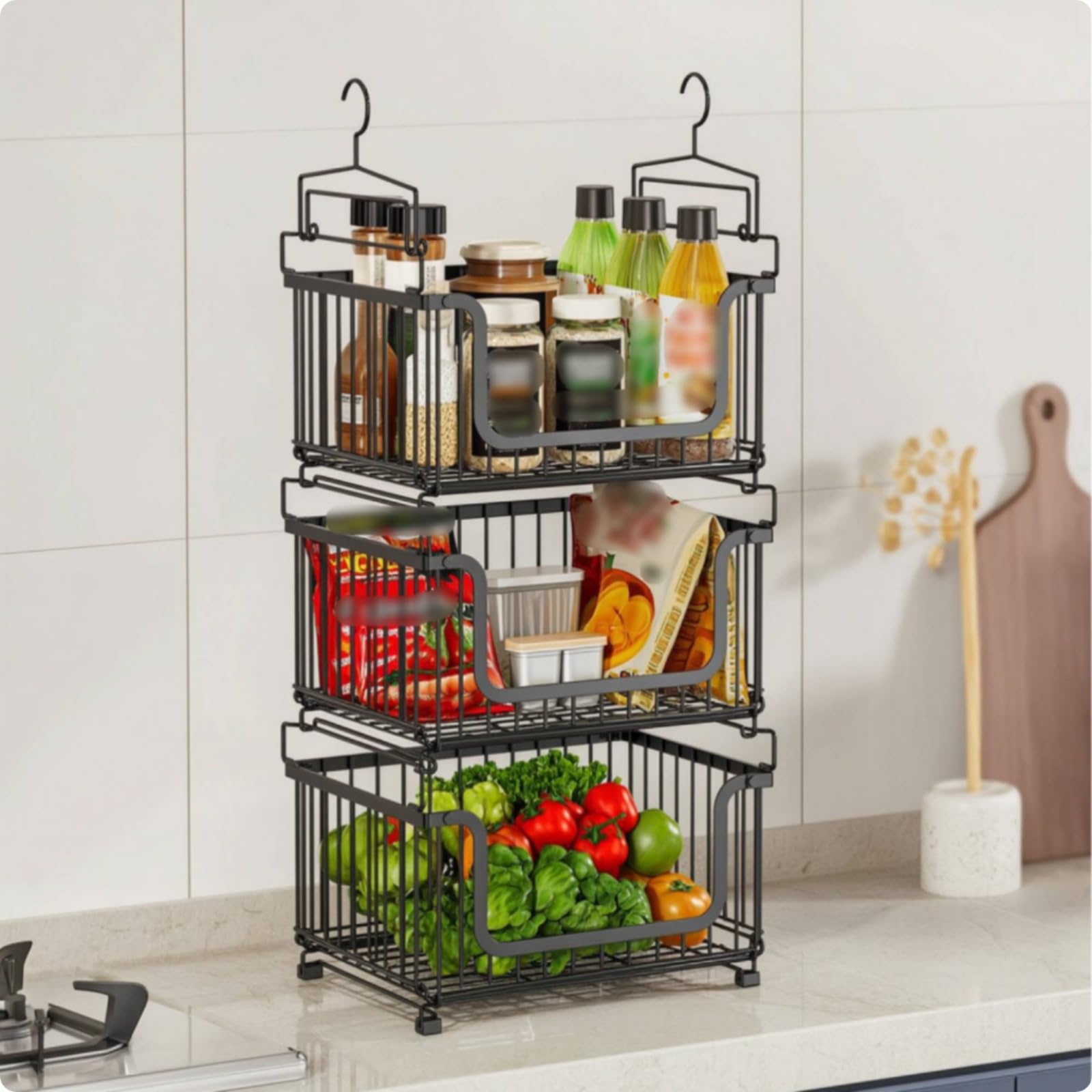 Amagogo Cesta de Almacenamiento de Cocina Colgante Organizador Estante Canasta Estructura Abierta Que Espacio Vertical y Mantiene Visibilidad Hierro y PP, Negro, Size to 2