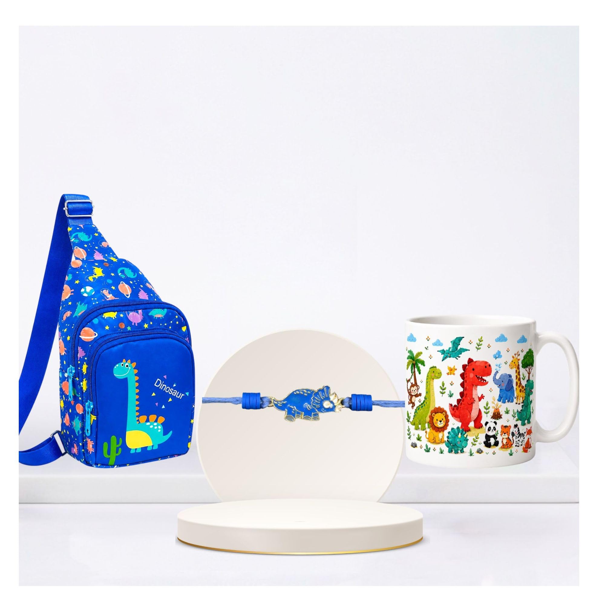 Kizzi Kids Rakhi Gift Hamper for Brother | New Dino Rakhi with Mug & Sling Bag for Boys | Rakhi Combo Set for Kids | Raksha Bandhan Gift | with Greeting Card & & Tilak Set - MG-AN-BG1-DD2-image-46