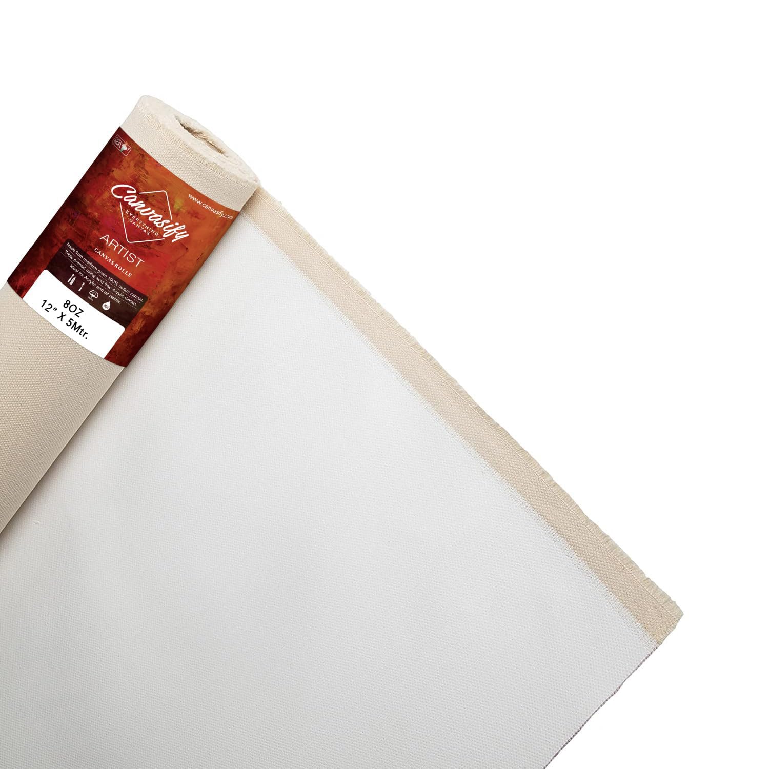 Canvasify 08 Oz Primed Cotton Medium Grain Canvas Roll, Ideal for Oil & Acrylic Painting, White (12" X5mtr) 1