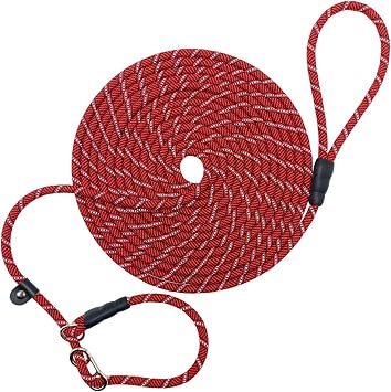 10FT 15FT 20FT Long Slip Lead Dog Leash 3/8" Nylon Reflective Rope | No-Pull Training Lead for Medium Large Dogs 20FT * 3/8", Red