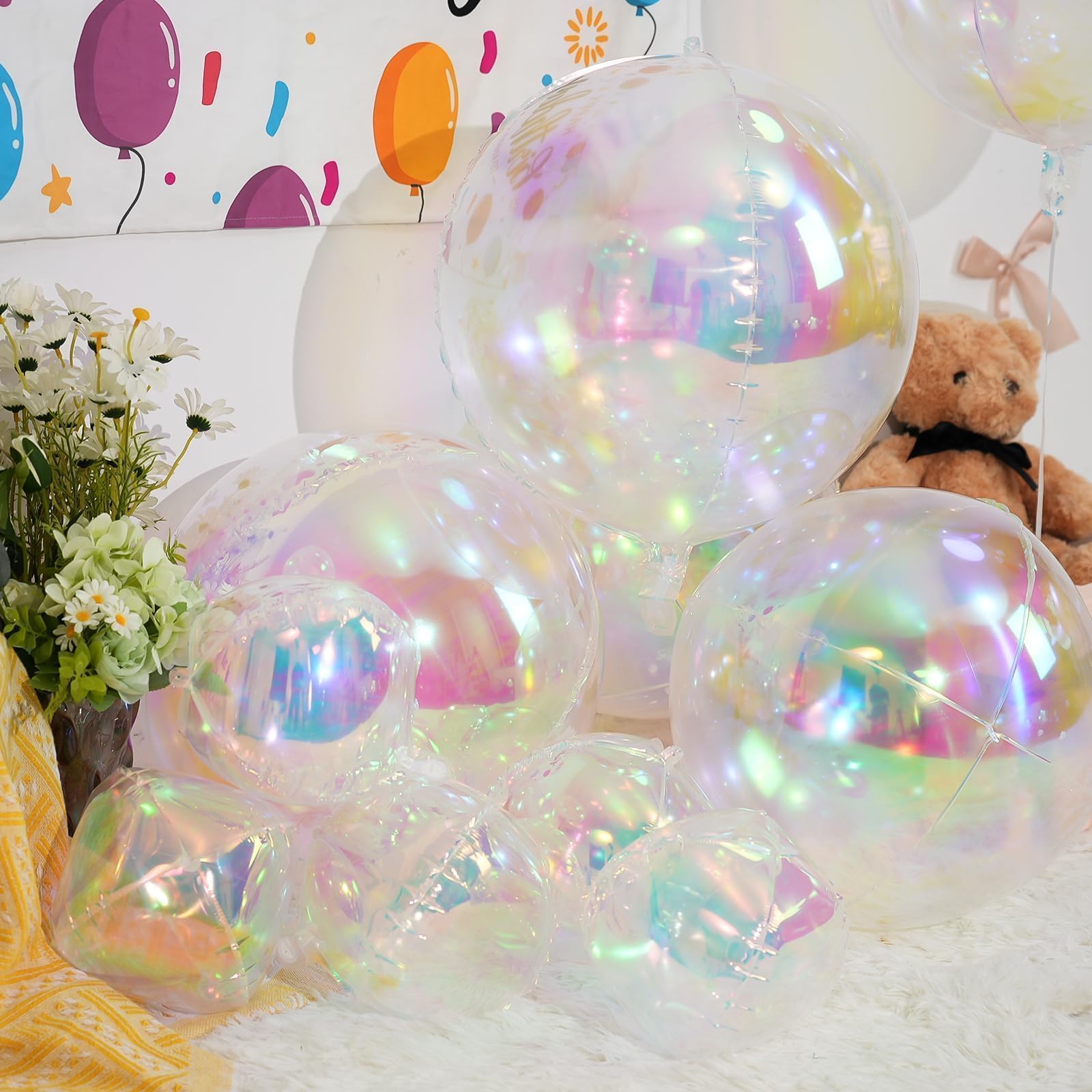 12 globos redondos iridiscentes de papel de aluminio, 22" 15" 10" globo transparente 4D, globos holográficos para cumpleaños, boda, arcoíris plegable bajo el mar, decoración de fiesta de sirena