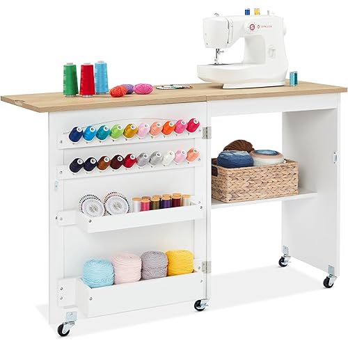Best Choice Products Folding Sewing Table Multipurpose Craft Station & Side Desk with Compact Design, Wheels, Shelves, Storage Trays, Pegs, Magnetic Doors, Metal Doorknobs - Natural/White