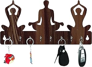 Freny Exim Relax Mind Yoga Mudra Wooden Key Holder with Face Mask Hanging with 8 Hook - Brown 039