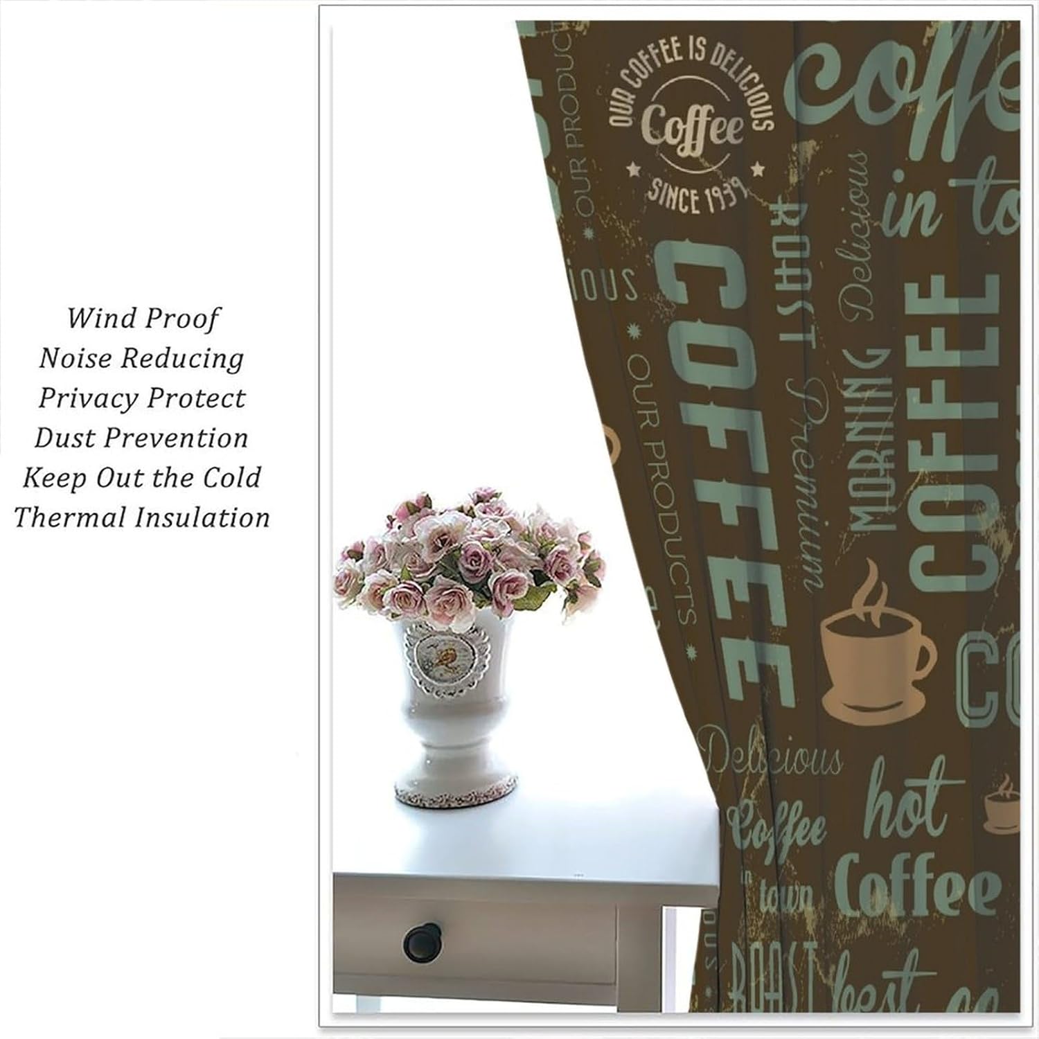 Vintage Rustic Kitchen Curtains Brown Green Retro Coffee Cups Printed Bedroom Living Room Cafe Blackout Rod Pocket Decoration Window Drapes 2 Panels W21xL45in