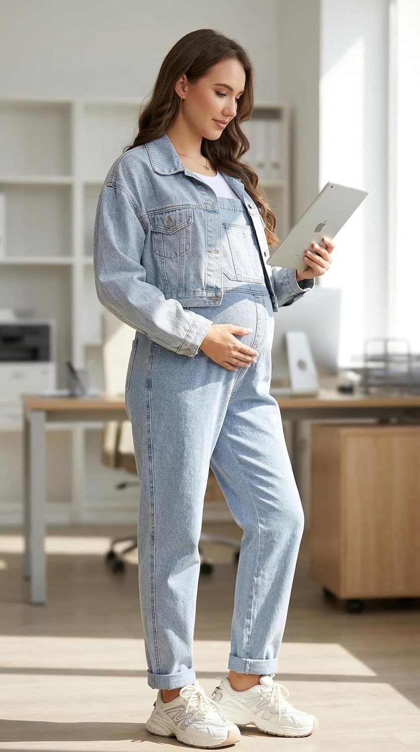 PACBREEZE Women's Maternity Overalls Adjustable Stretchy Denim Jumpsuit Boyfriend Jeans with Side Buttons