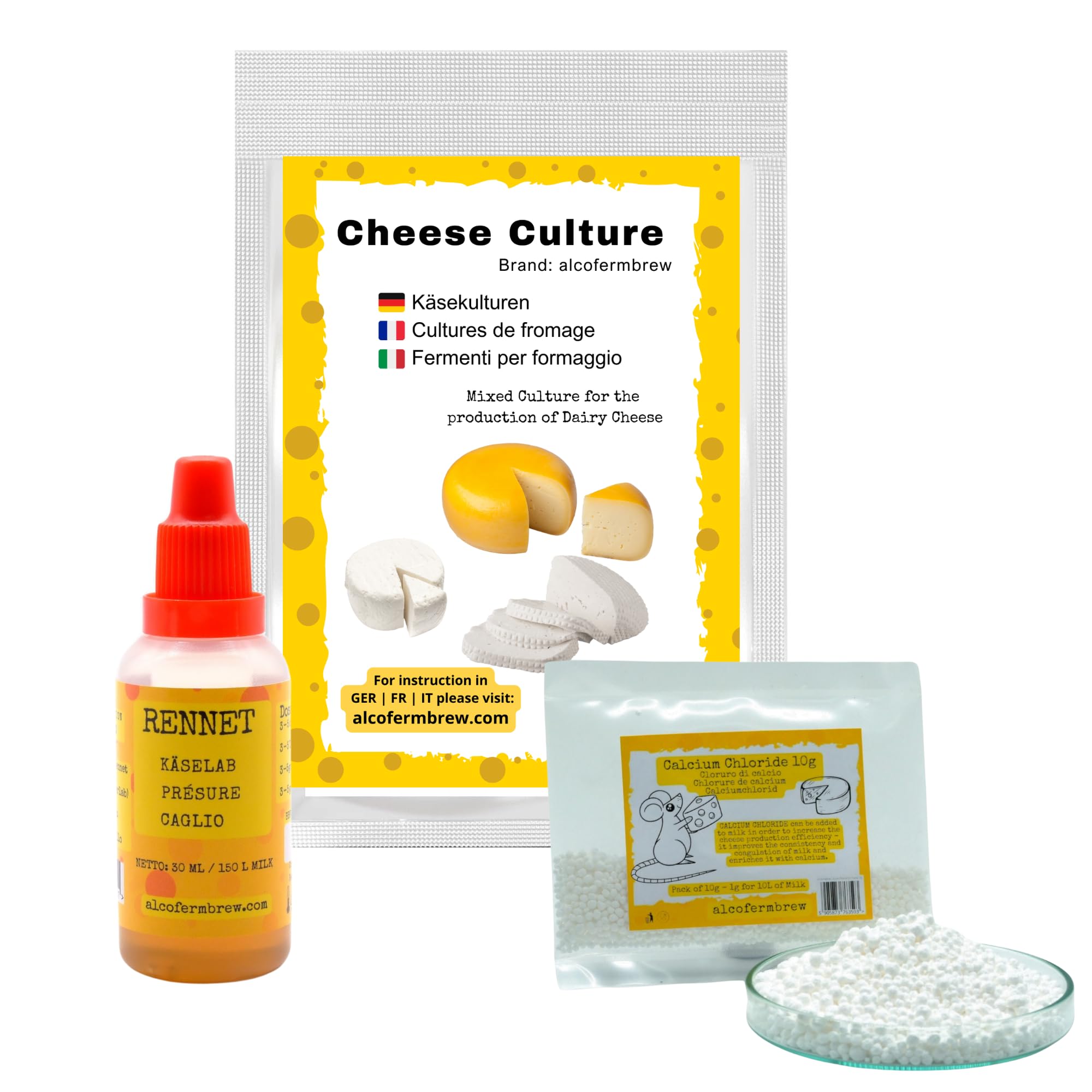 Kit para Hacer Queso – Cuajo Líquido, Cloruro de Calcio y Cultivos Bacterianos, para Leche de Vaca, Cabra y Oveja