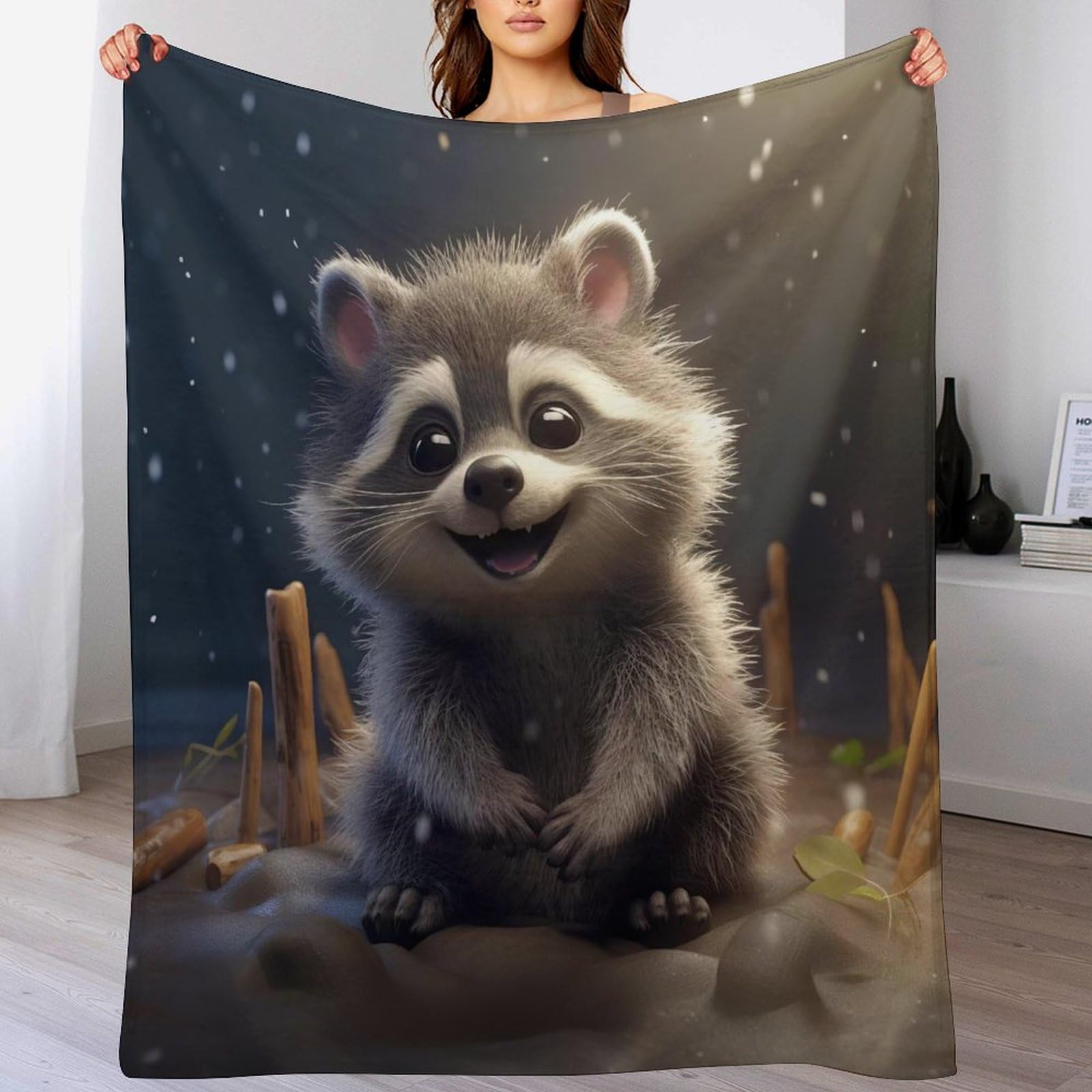 Couverture canapé raton laveur impression 3D flannel douce pour salon