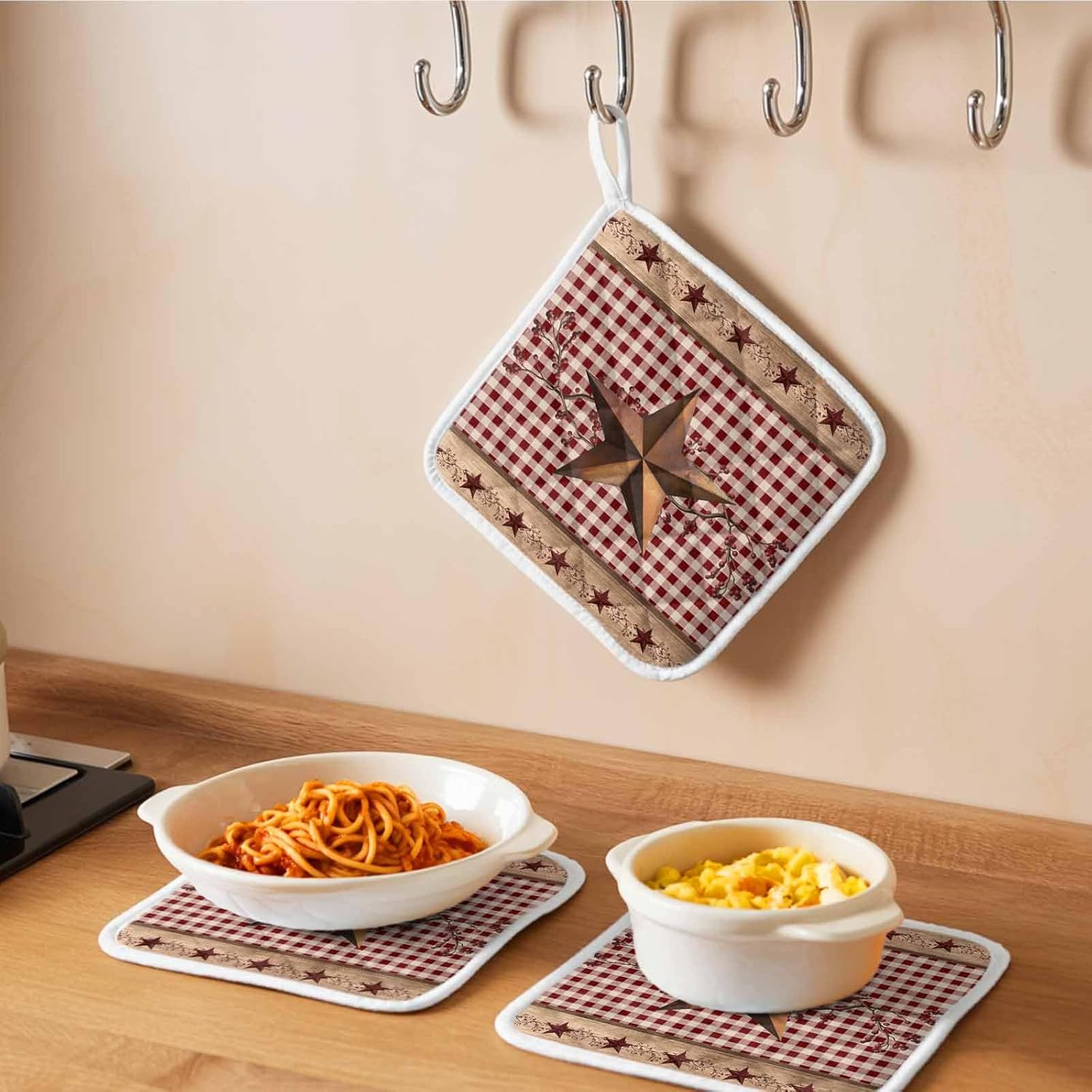 5 Pack Pot Holders for Kitchen, Vintage Texas Star Brown Hot Pads for Kitchen Countertops Oven Pot Holder Bulk, Red Plaid Berry Farmhouse Heat Insulation Potholders with Hanging Loops