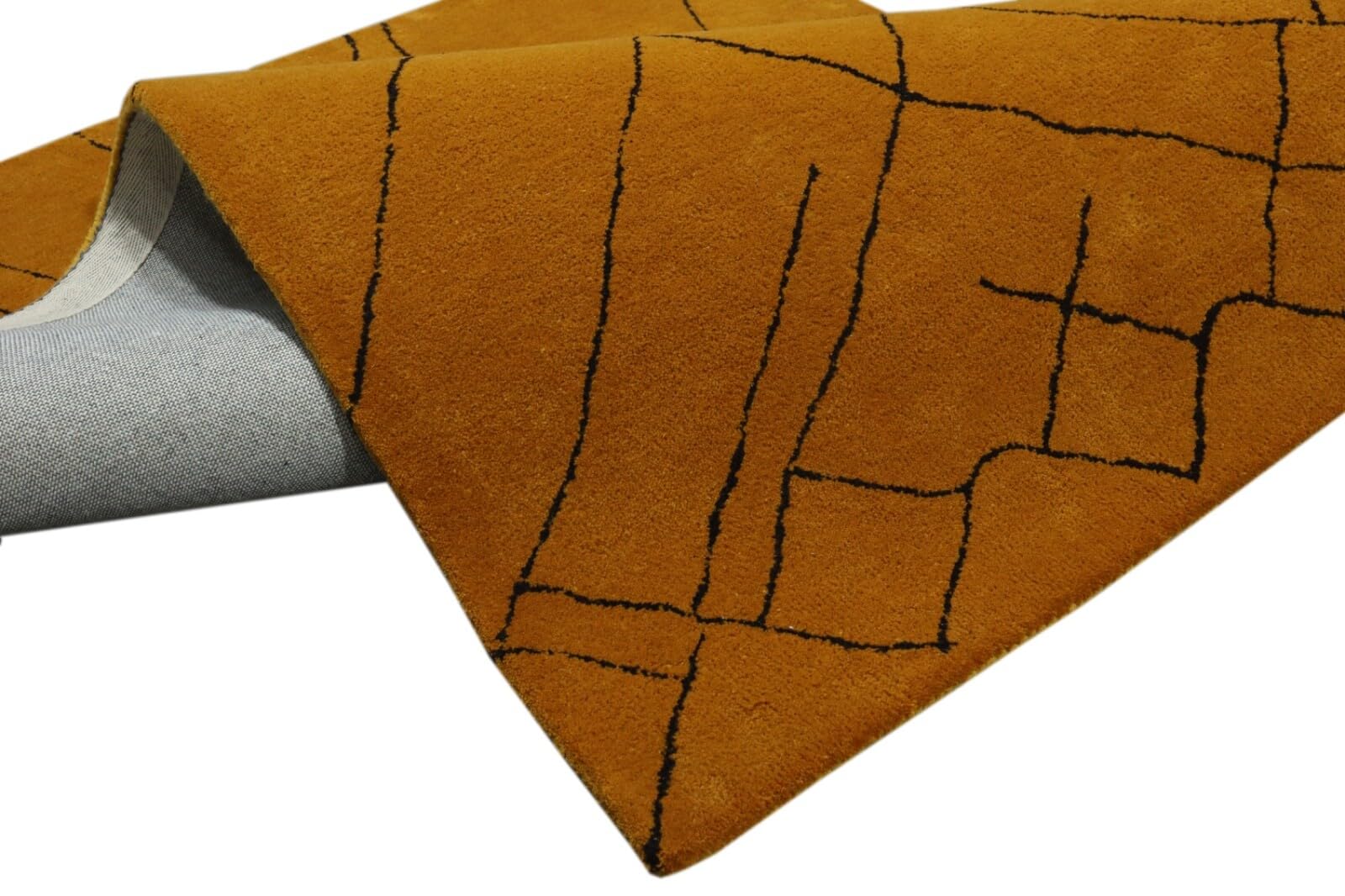 HT308 Tapis en laine 120 x 180 cm Jaune moutarde Noir Moderne Lignes Tapis touffeté à la main