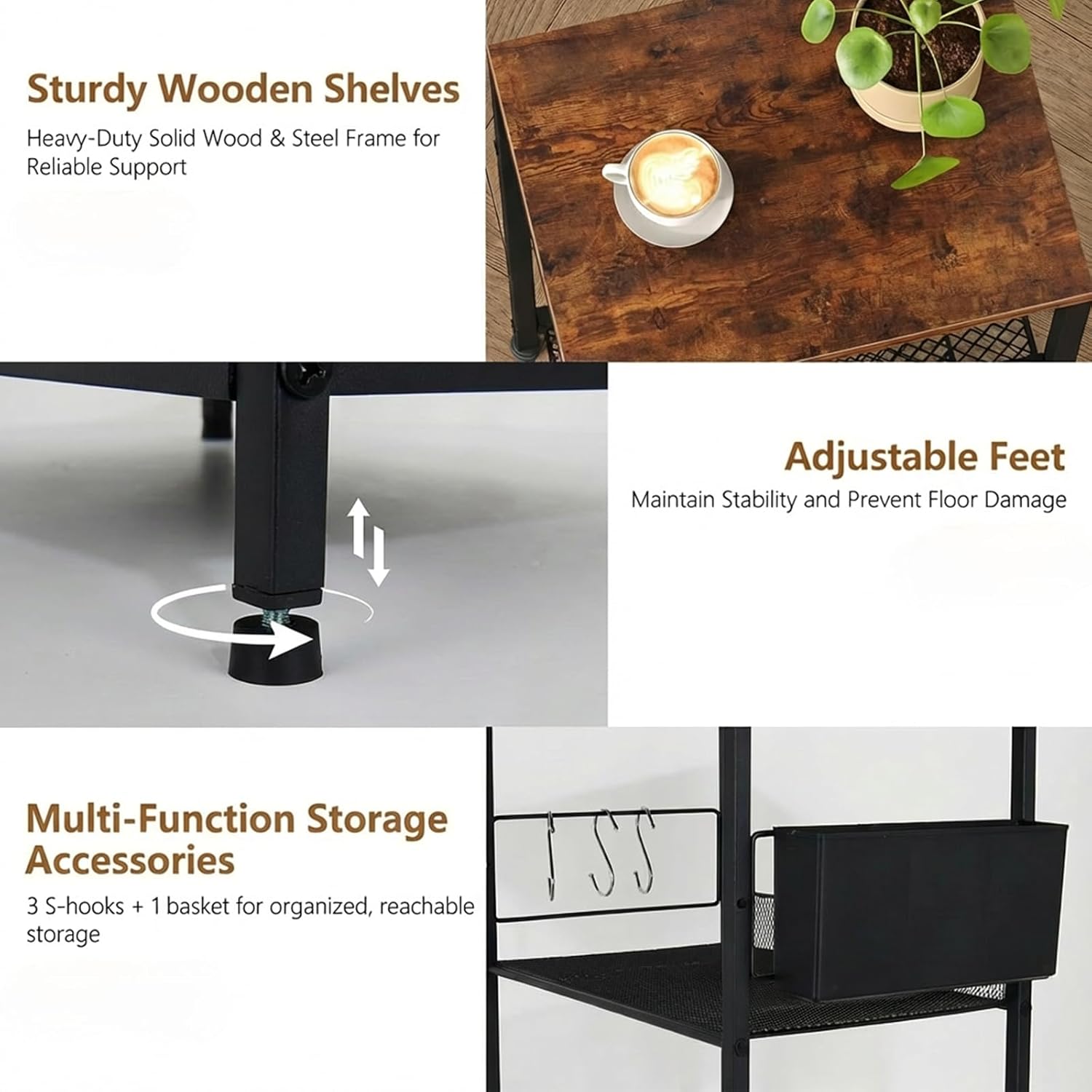 3 Tier Printer Stand for Under Desk, Height Adjustable Shelf Small Printer Table with 3 S-Hooks & Basket, Heavy Duty Industrial Storage Shelf for Home Office (Rustic Brown)