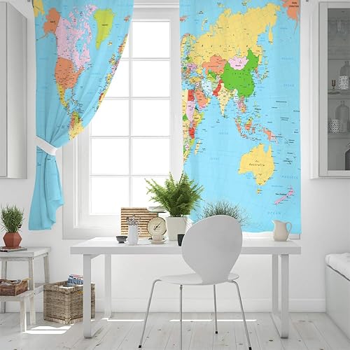 Miniatura 4 de FortuneHouse Blackout Curtains Thermal Insulated World Map Educational Geography Solid Pattern Metal Grommet Elegant Room Drapes Window Curtain for