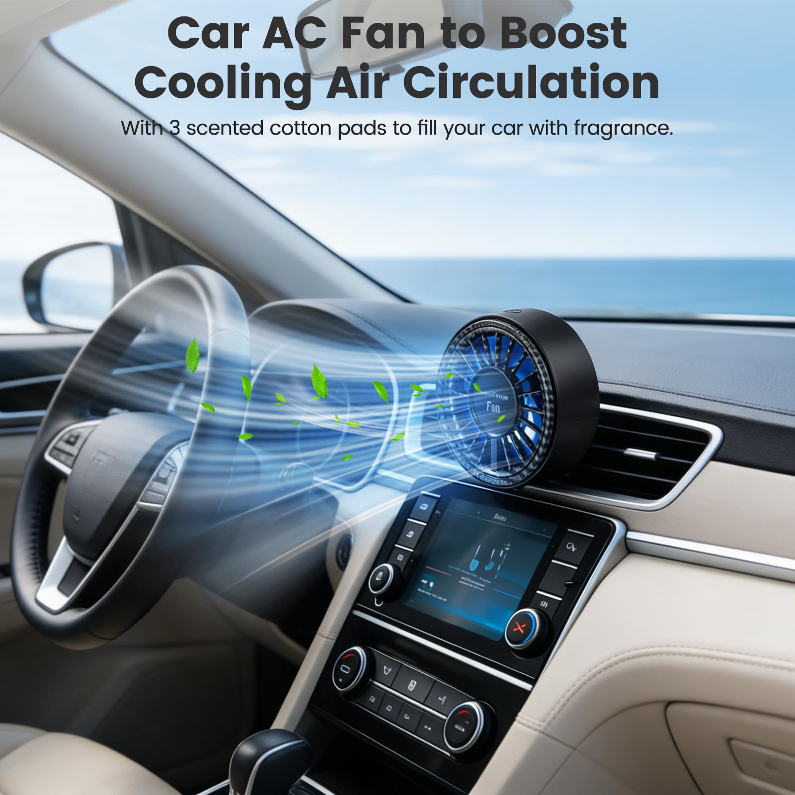 Ventilador de Coche con Luces LED Multicolor y 3 Discos de Algodón Perfumados, Ventilador USB para Rejilla de Ventilación 3 Velocidades, Mini Ventilador de Coche para Coches, SUV, Camiones