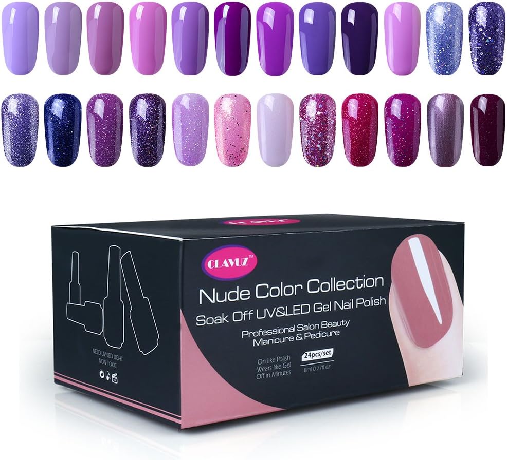 CLAVUZ Gel Nail Polish Kit 24pcs Pink Purple Colors Collection Soak Off UV Gel Nail Lacquer Nail Art Manicure Pedicure New Starter Set
