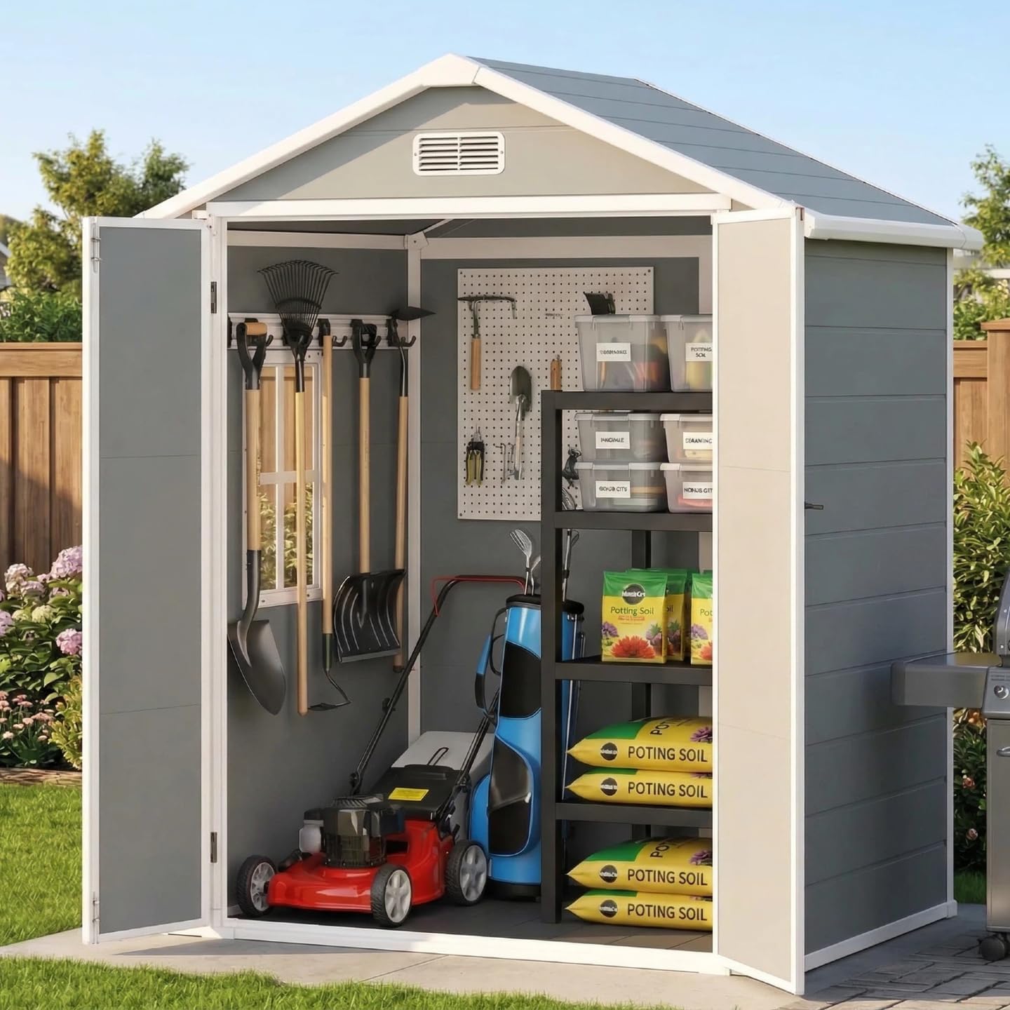 Gizoon 6x4.4 FT Outdoor Storage Shed with Floor, All-Weather Resin Garden Shed with Lockable Doors & Windows, Plastic Tool Sheds for Patio, Lawn & Garden (Grey)