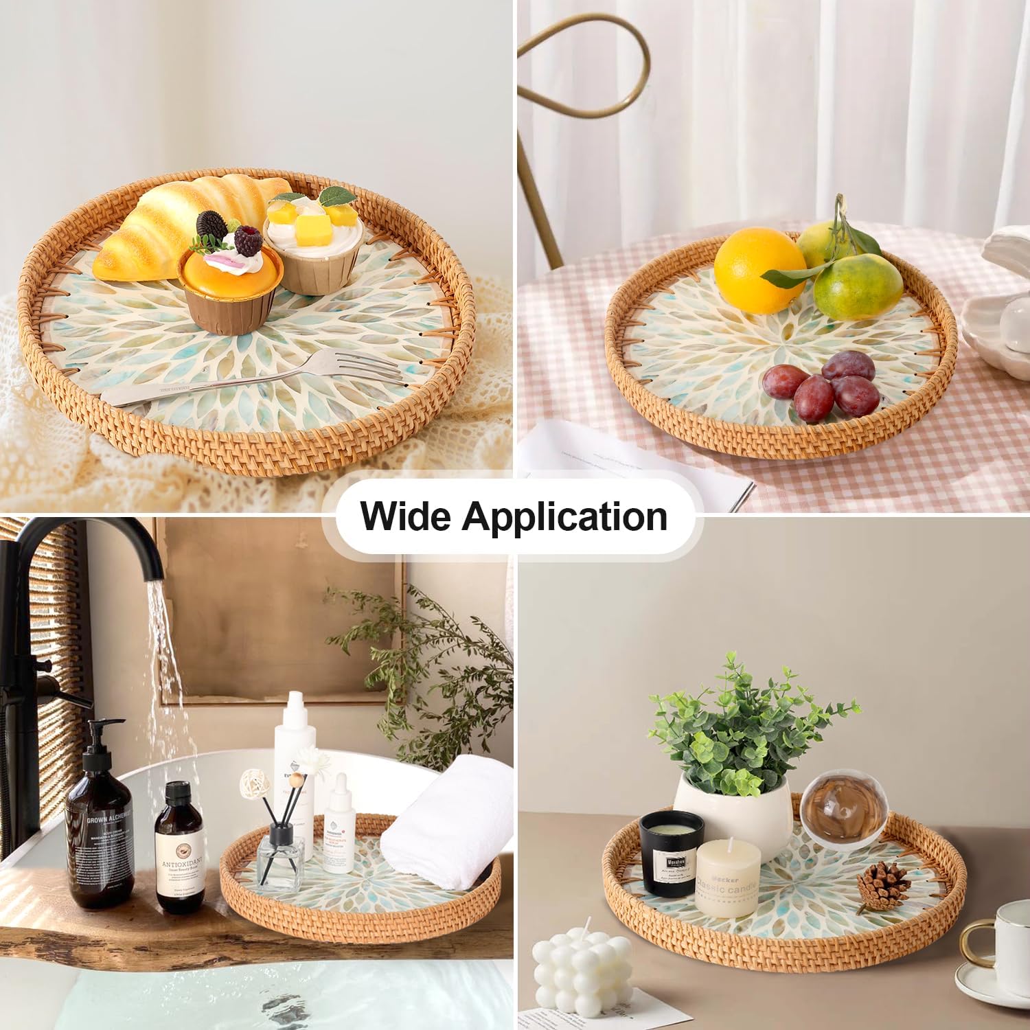Round Rattan Tray with Mother of Pearl Inlay, Rattan Serving Tray for Coffee, Bread, Fruits, Decorative Wicker Tray for Table Decor, Home Decor, Kitchen Island Decor (Ambilight, 11.8") - Image 2