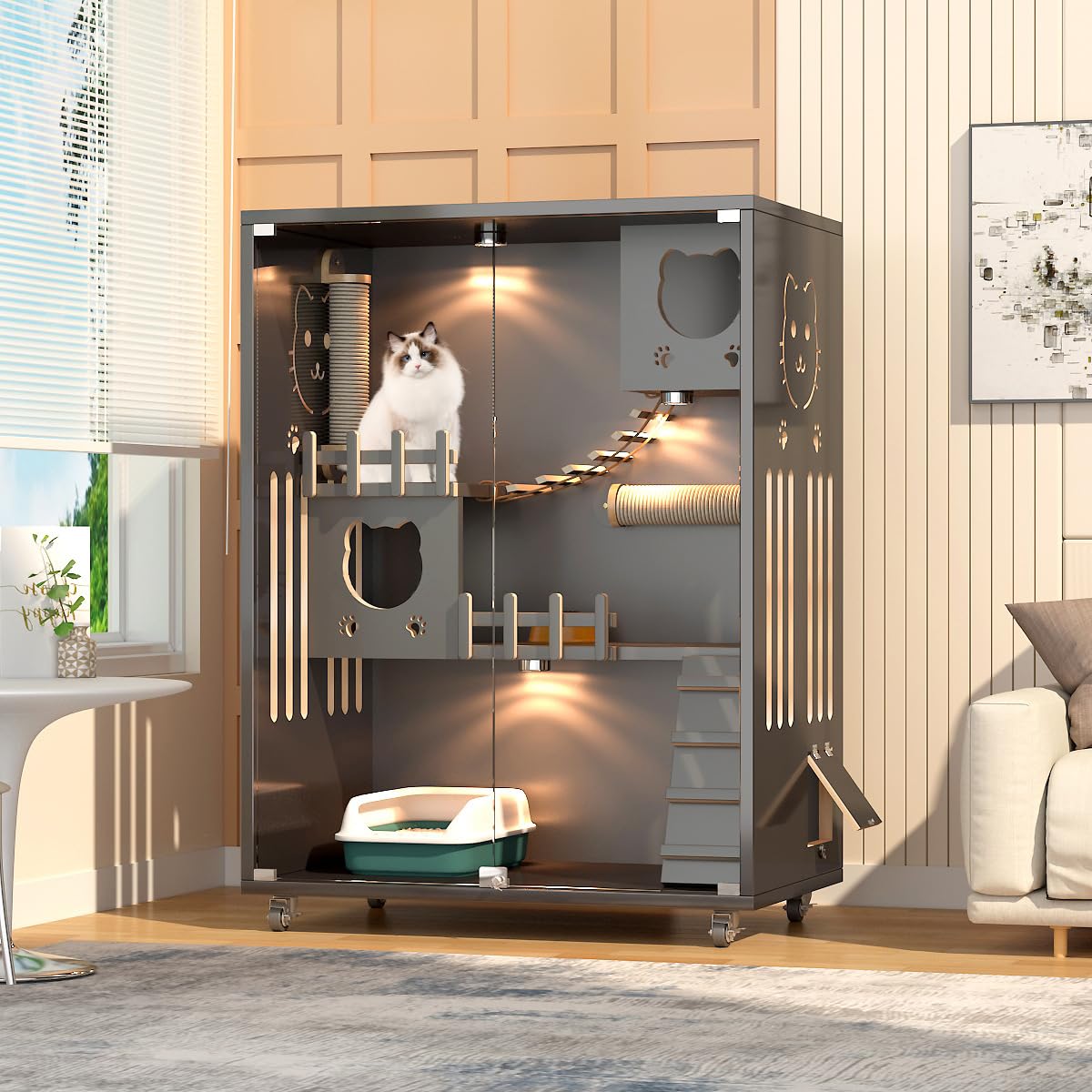 Premium Cat House Large Wooden Cat Cage with Wheels - Luxury Multipurpose Cat House for and Indoor Use with Small Doors, Can Accommodate Multiple Cats (Grey, D90 * 60 * 125)