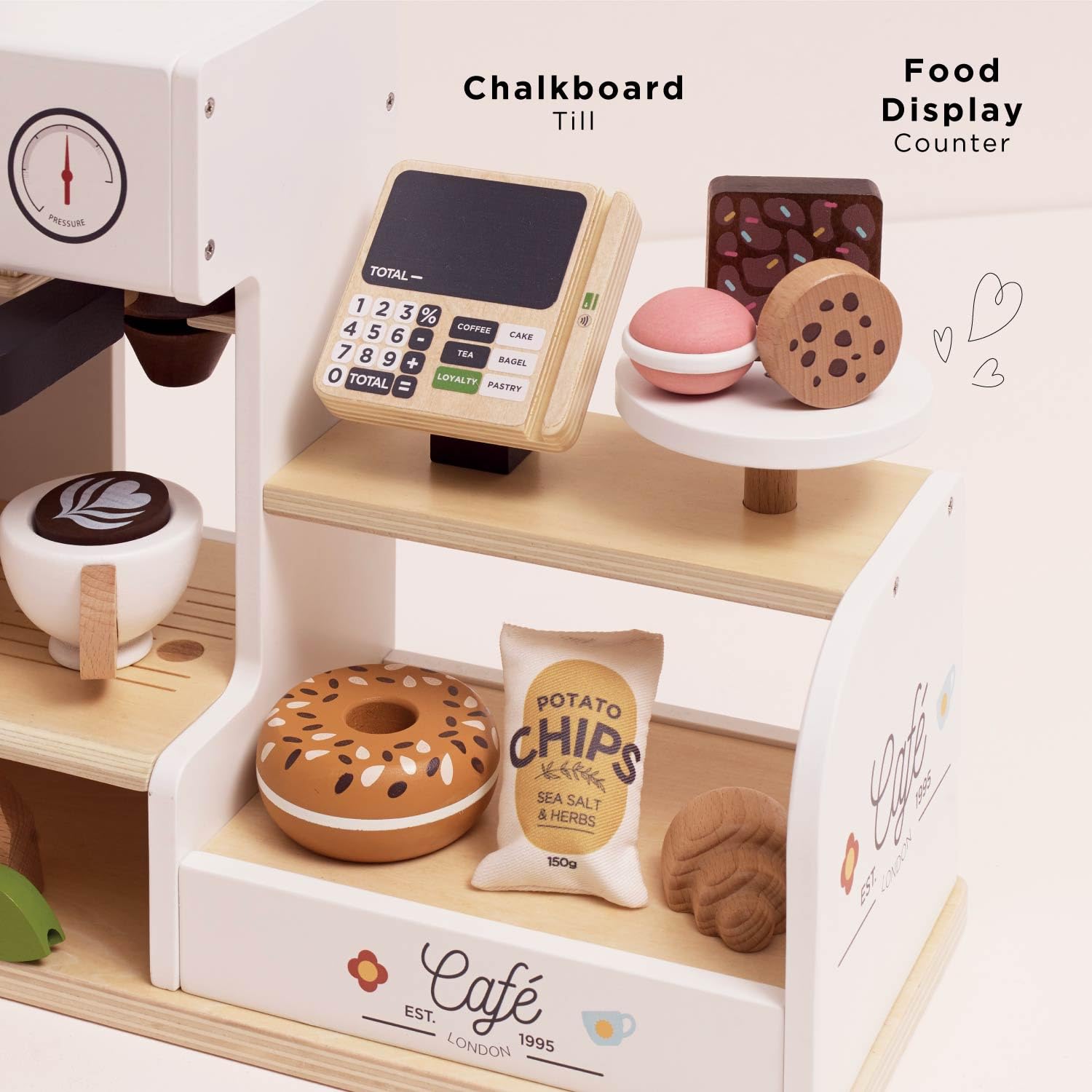 Petit Jour Machine à Café Barista en Bois FSC, Set de Jeu pour Enfants 3+, 40,7 x 15 x 31,5 cm, avec Accessoires de Coffee Shop, Caisse et Gourmandises