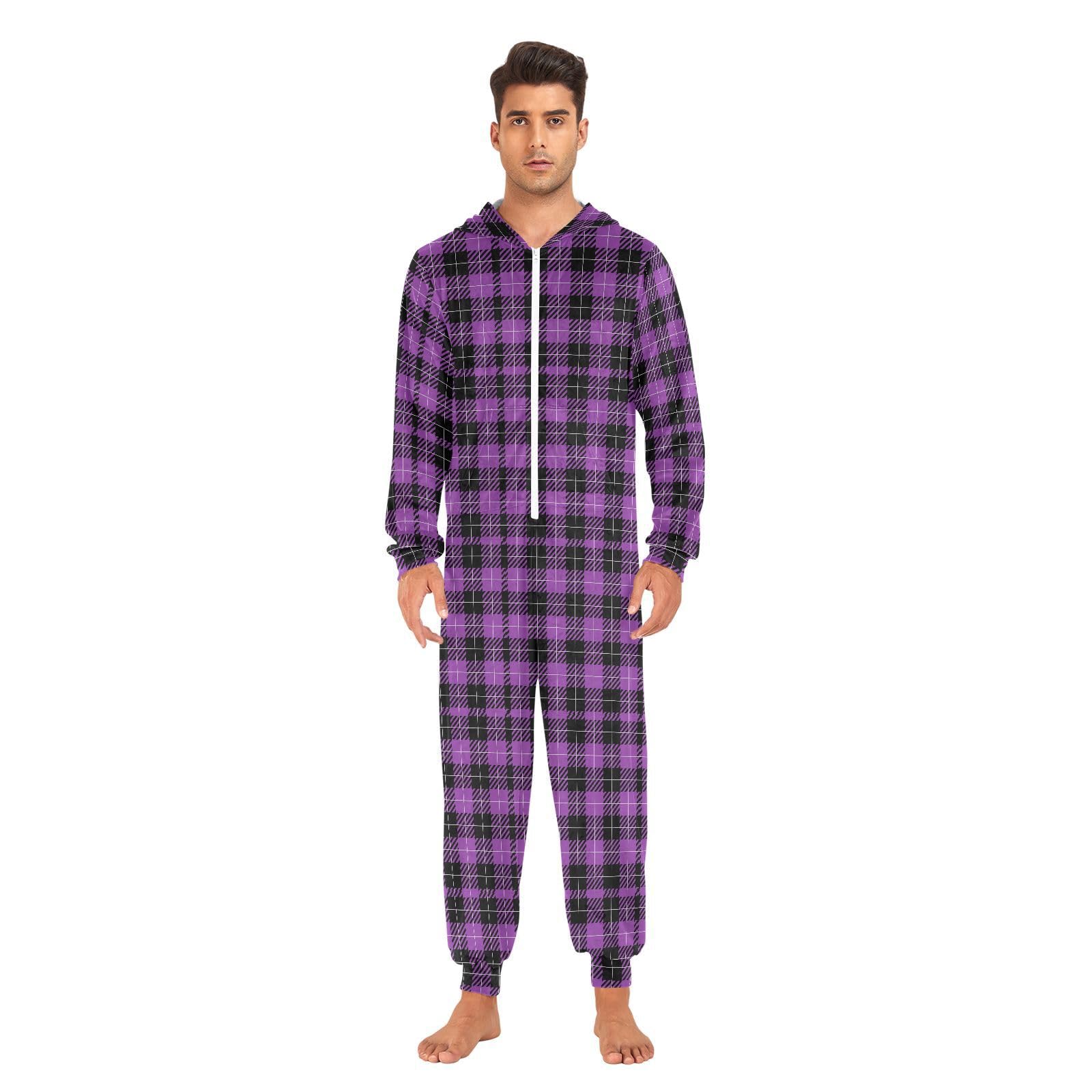 Einteiliger Schlafanzug für Erwachsene, Unisex, für Damen und Herren, violettes Karomuster, lustiges Kapuzen-Kostüm, Pijama de una pieza, Größe M