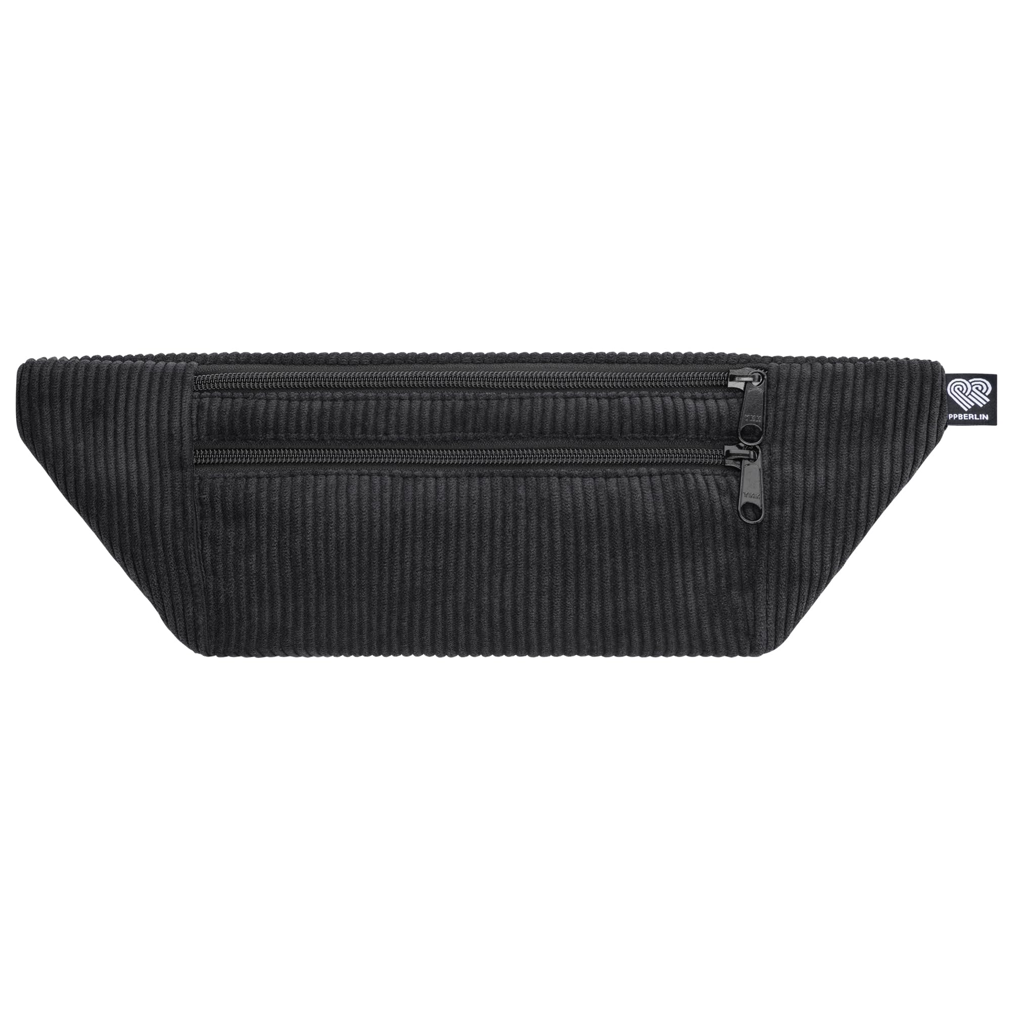 Cord-Bauchtasche Schwarz Flach – Gürteltasche aus Cordstoff Unisex & Vegan – Hip Bag für Damen und Herren – 2 Reißverschlussfächer – Handgemacht in Berlin