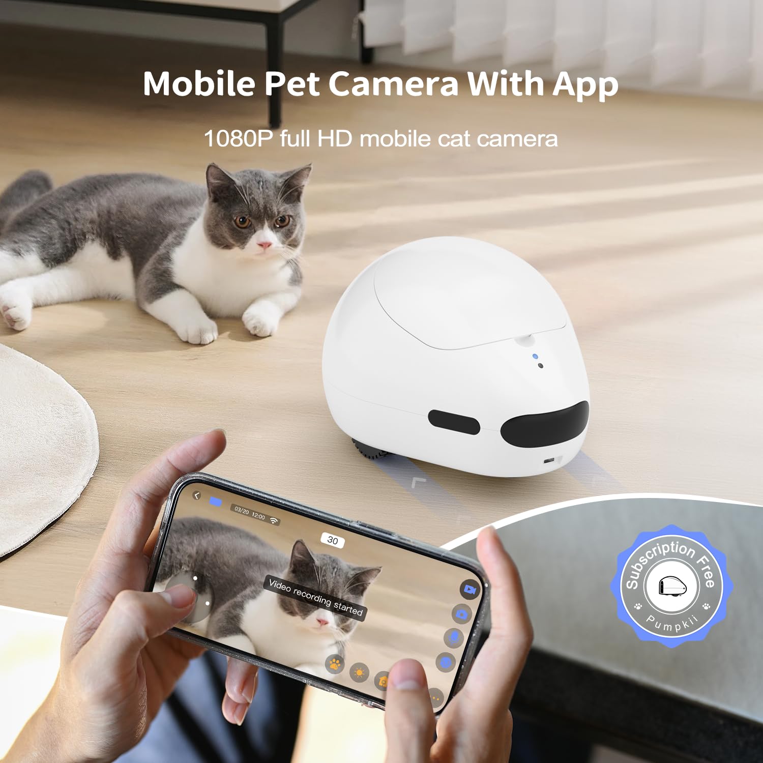 Cámara para gatos, robot de cámara móvil para mascotas con aplicación para teléfono, dispensador de golosinas para mascotas, cámara para mascotas interior, cámara para perros con visión nocturna,
