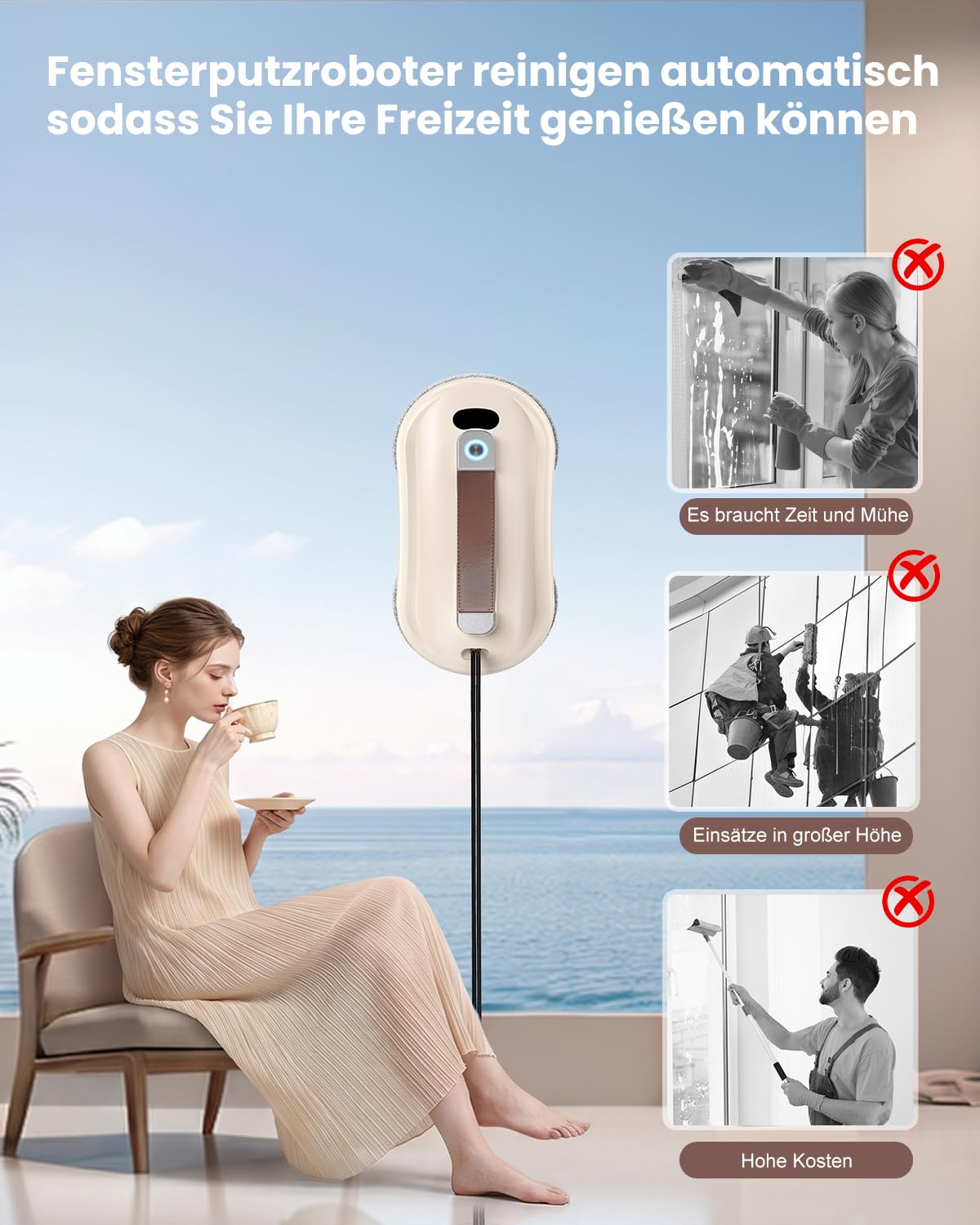 Robofun Fensterputzroboter, 6000Pa Fensterroboter, 100 ml Wassertank