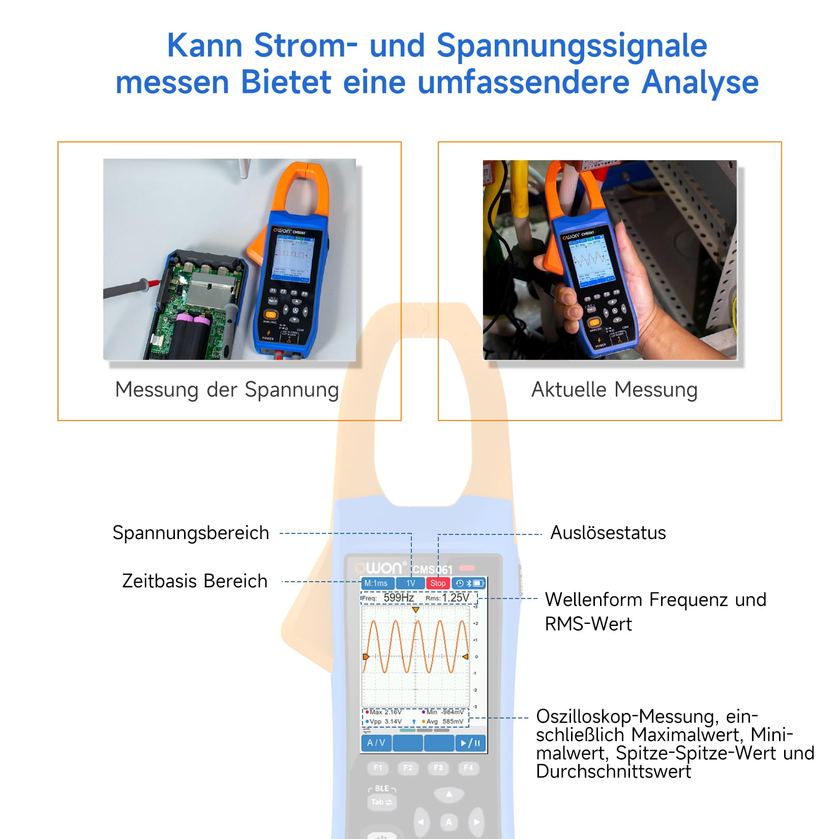 OWON CMS061 AC/DC Stromzange 600A, Schreiberfunktion, Oszilloskopfunktion 3 in 1, 20000 Count True RMS Auto-ranging, Alarmfunktion, NCV Funktion, Bluetooth Stromzange für Elektrofahrzeuge