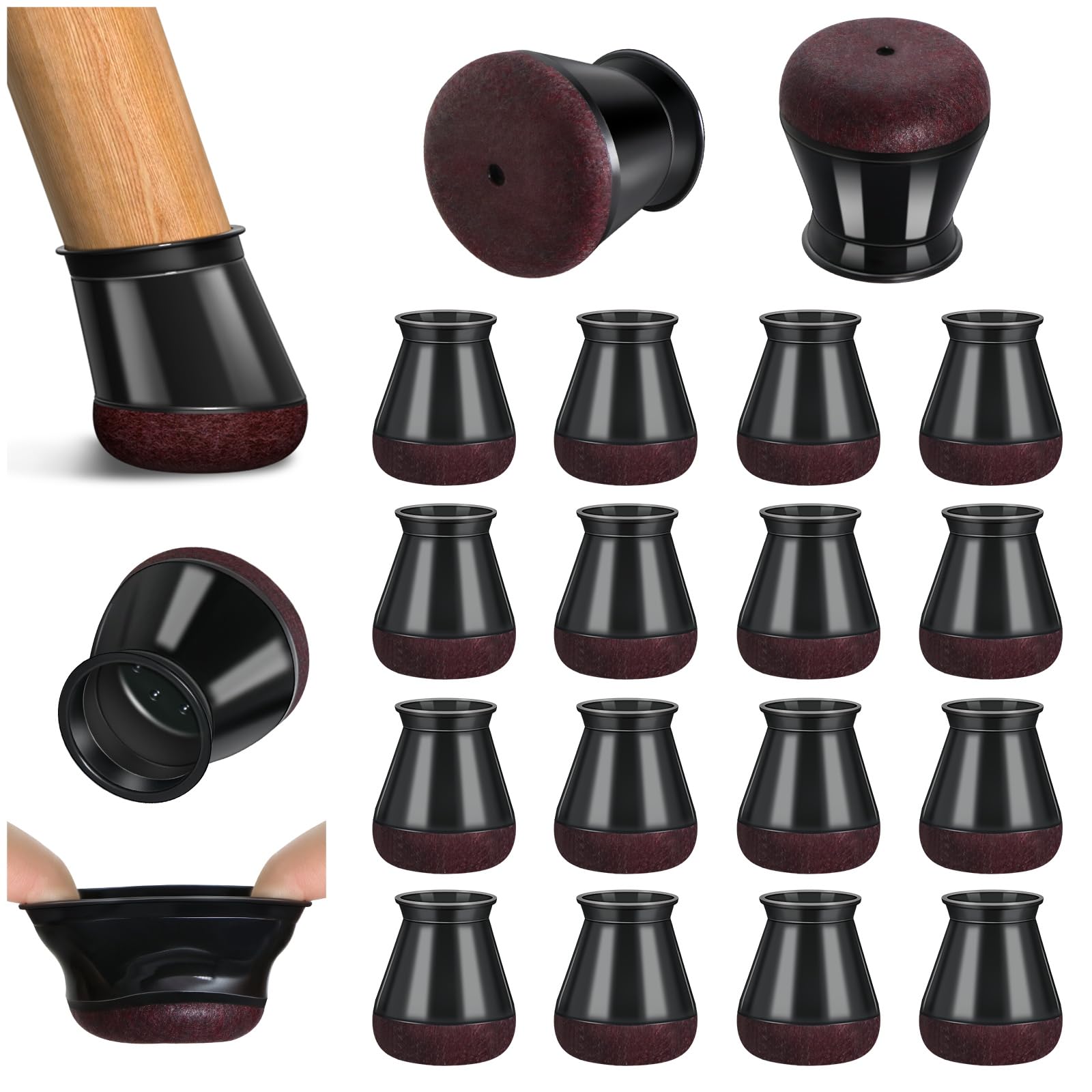 Chair Leg Floor Protectors, 16 Pcs Extra Small Black Silicone Chair Leg Covers Caps for Hardwood Floors with Wrapped Felt, Furniture Feet Protectors Pads (Fit:15-20mm)
