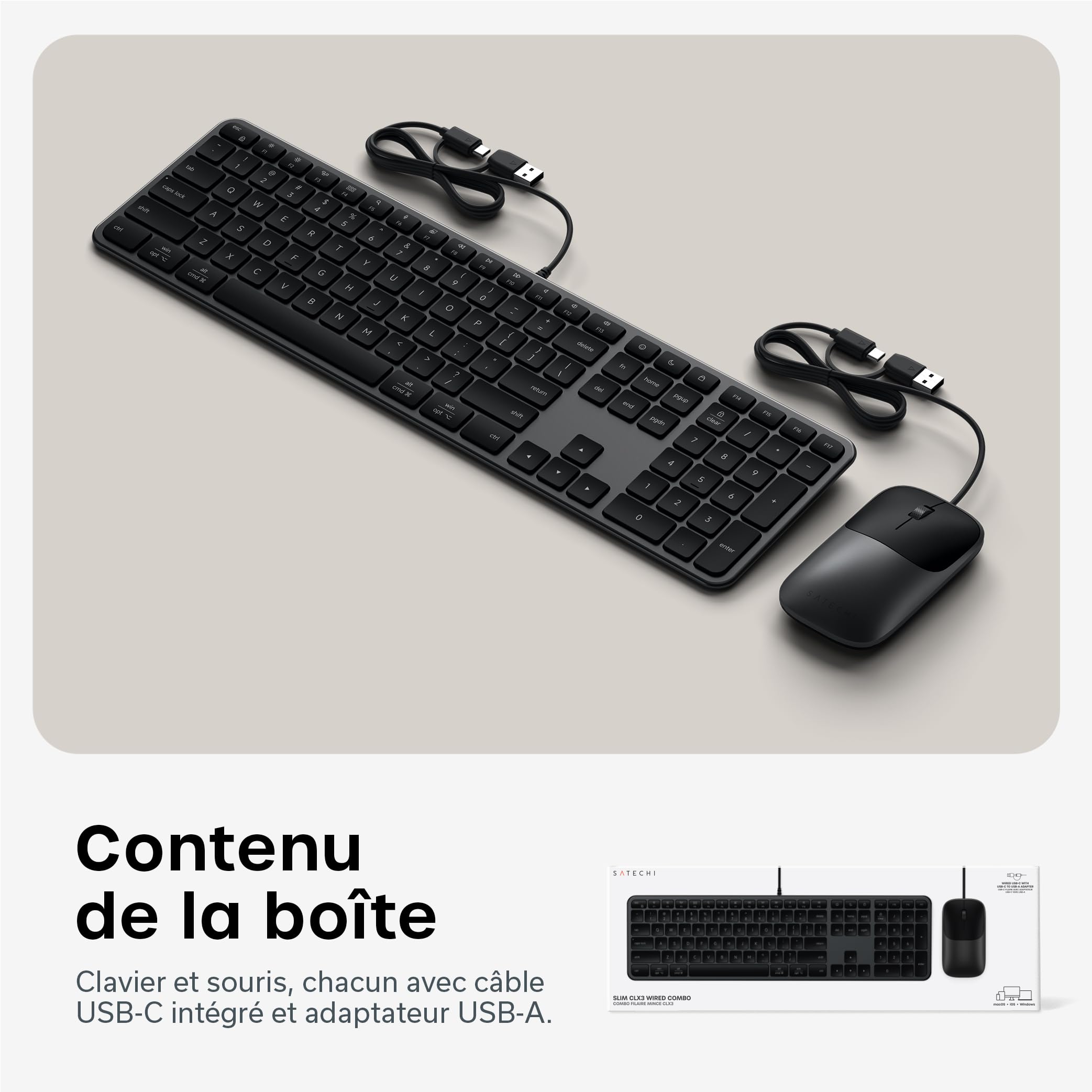 SATECHI Combo Clavier et Souris Filaire Slim CLX3 𝗤𝗪𝗘𝗥𝗧𝗬 𝗨𝗦, USB-C Plug and Play, Idéal pour Bureau, Compatible avec Mac, Windows et Android – Noir Sidéral
