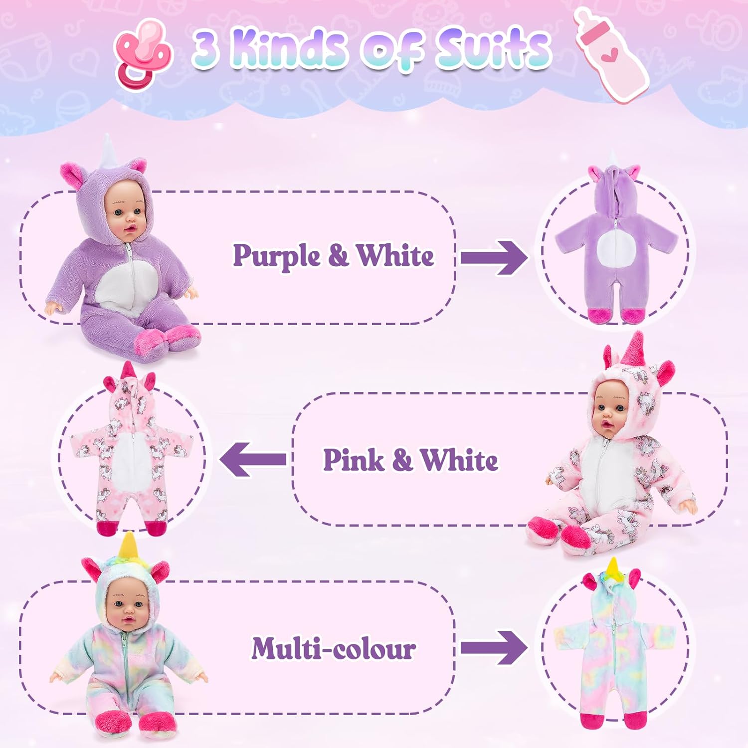 deAO 12 Inch Soft Baby Doll Backpack Glow in Dark Carrier Playset Toys Baby Care Toys Set with 12''Doll Clothes Bottle Accessories Birthday Gift for Toddlers Boys Girls