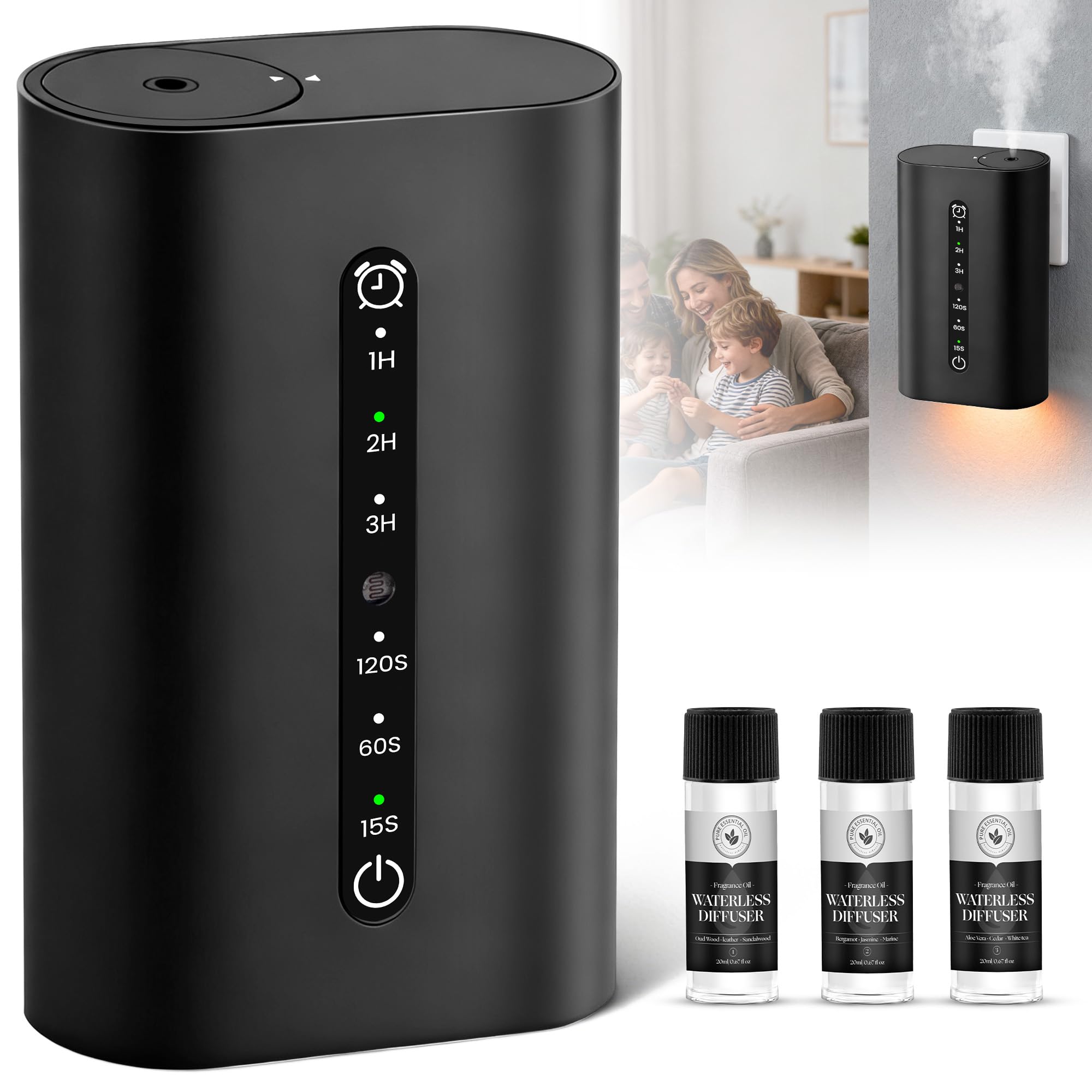 Smart Plug-in Scent Diffuser Set, Waterless Scent Diffusers Home, Cold Air Mist, Timer Control, and 3 Mist Intensity Settings, Suitable for Home, Office, and Small Spaces,Black