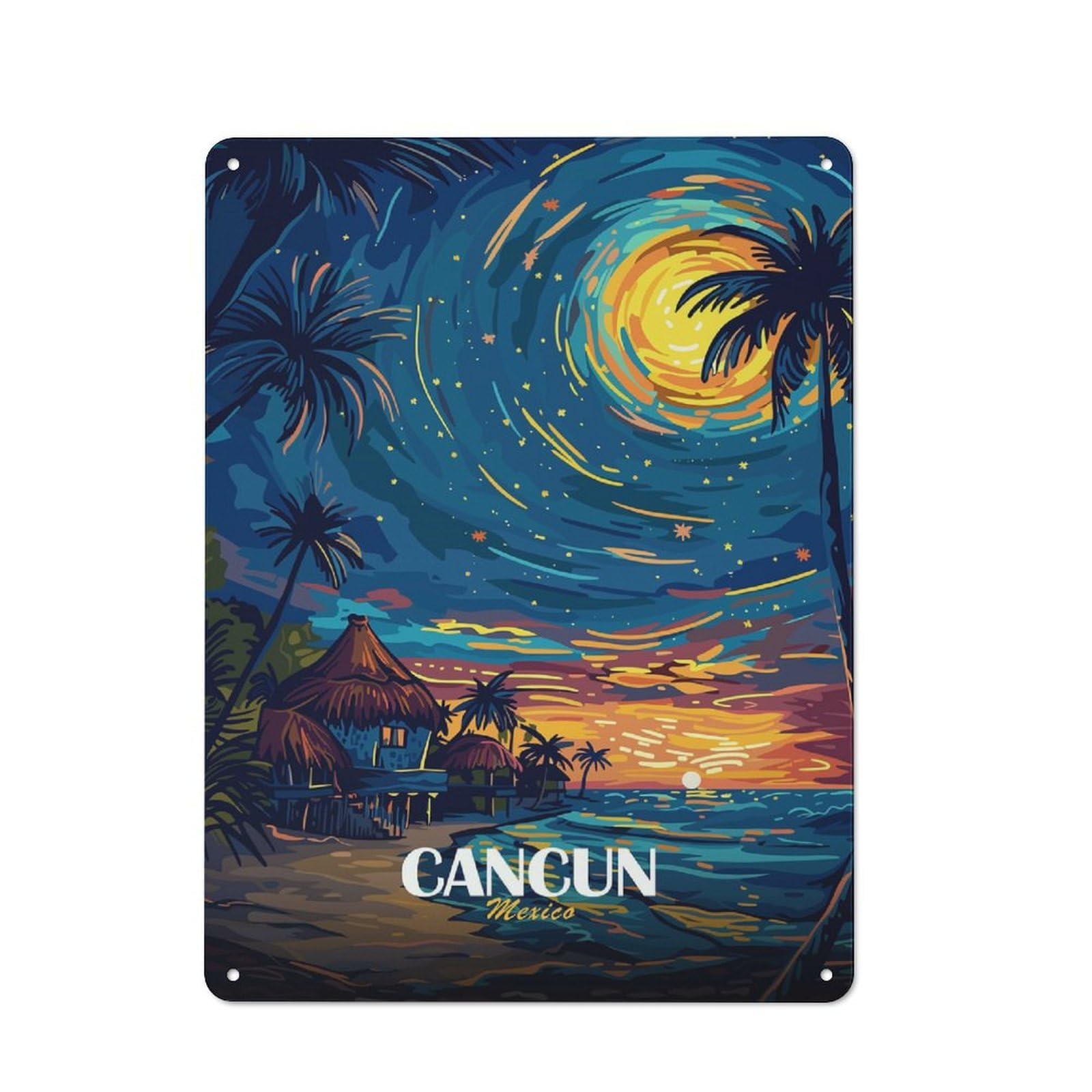 Junmoney Style-22 Rustic Tin Sign 40X30cm Featuring Cancun Mexico Tropical Beach Night For Garage Or Workshop, For Garage, Workshop And Man Cave Decoration
