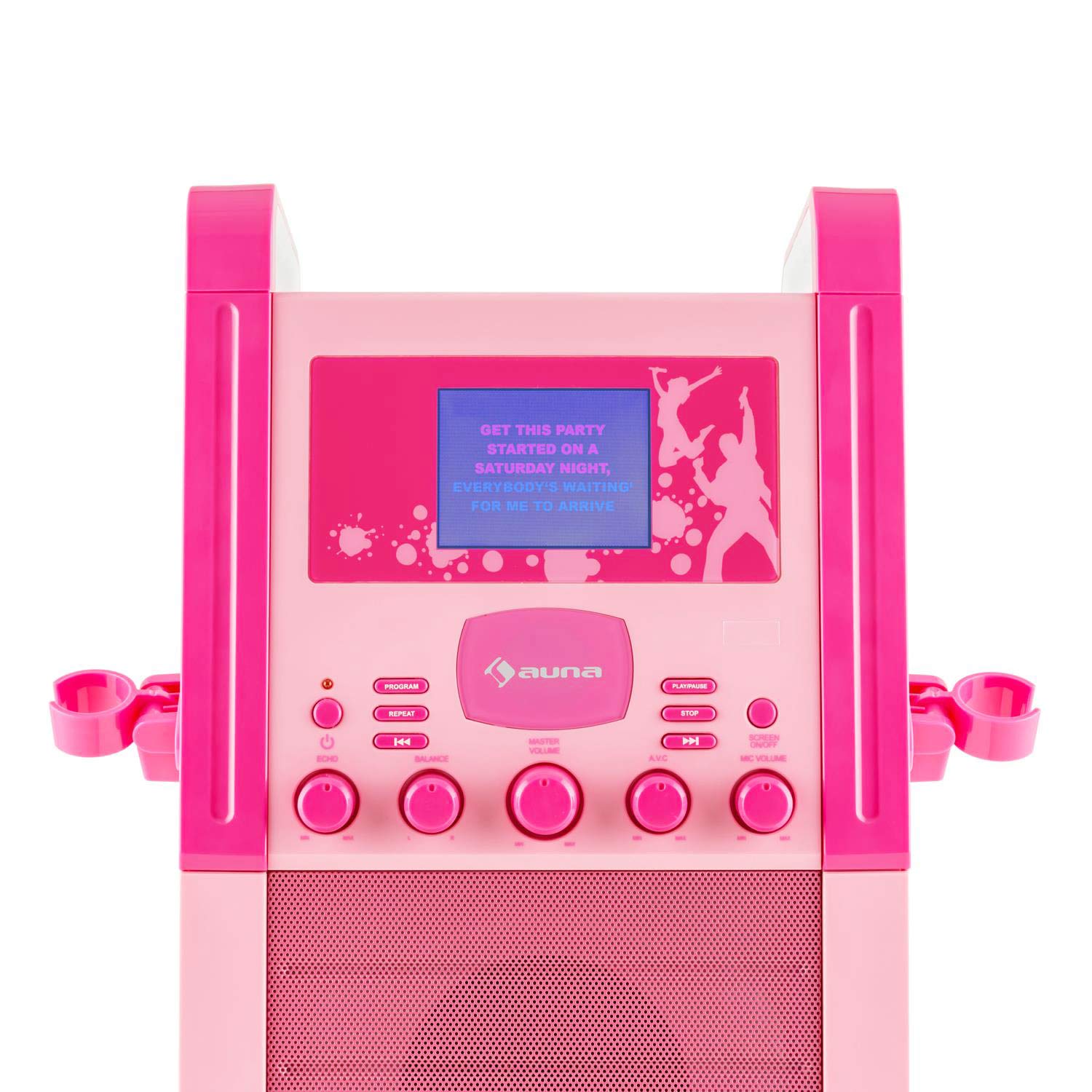 AUNA KA8P-V2 - Impianto Karaoke, Display TFT 3,5'', 2 x Microfoni Dinamici, Altoparlante Incorporato, Uscita Video, CD, CD+G, MP3, Ingresso AUX, Rosa Confetto