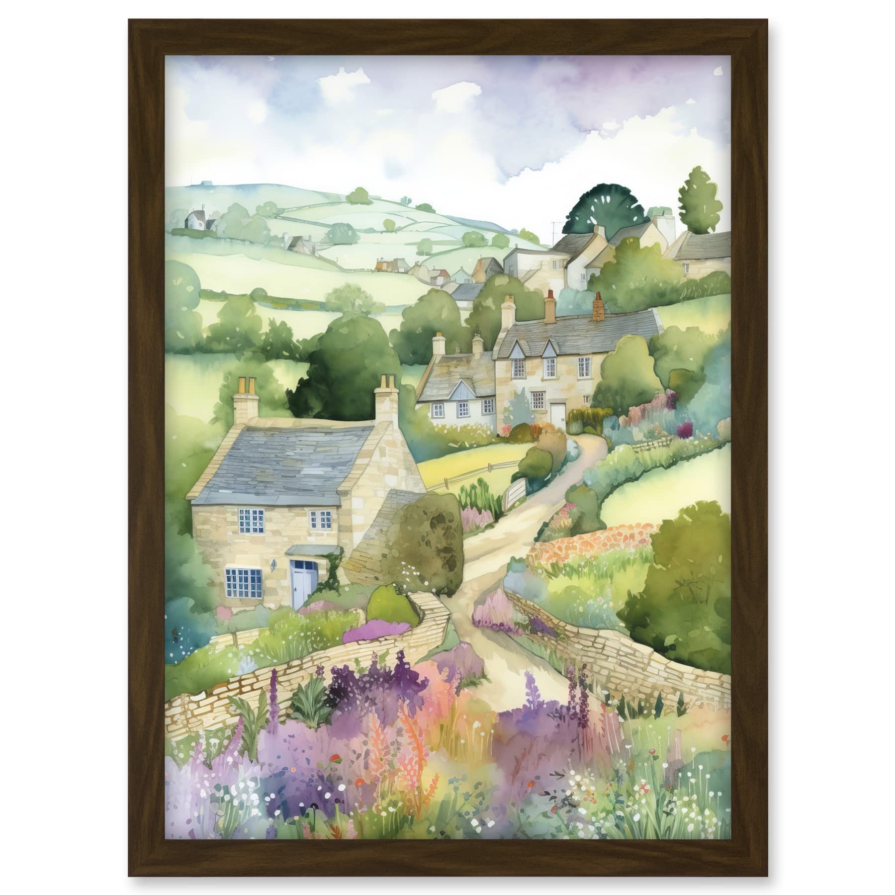 Artery8 Countryside Spring Landscape with Cottages Modern Watercolour Painting Artwork Framed A3 Wall Art Print