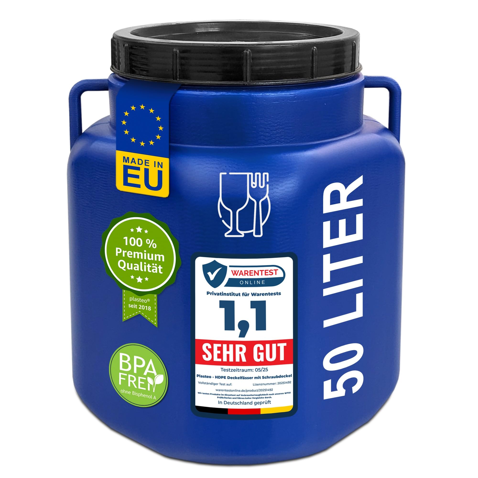 Plasteo® 50 L Baril à large ouverture avec couvercle et poignées, angulaire, bleu, adapté pour les aliments et sans BPA, contenant pour nourriture, baril en plastique, baril universel, baril avec