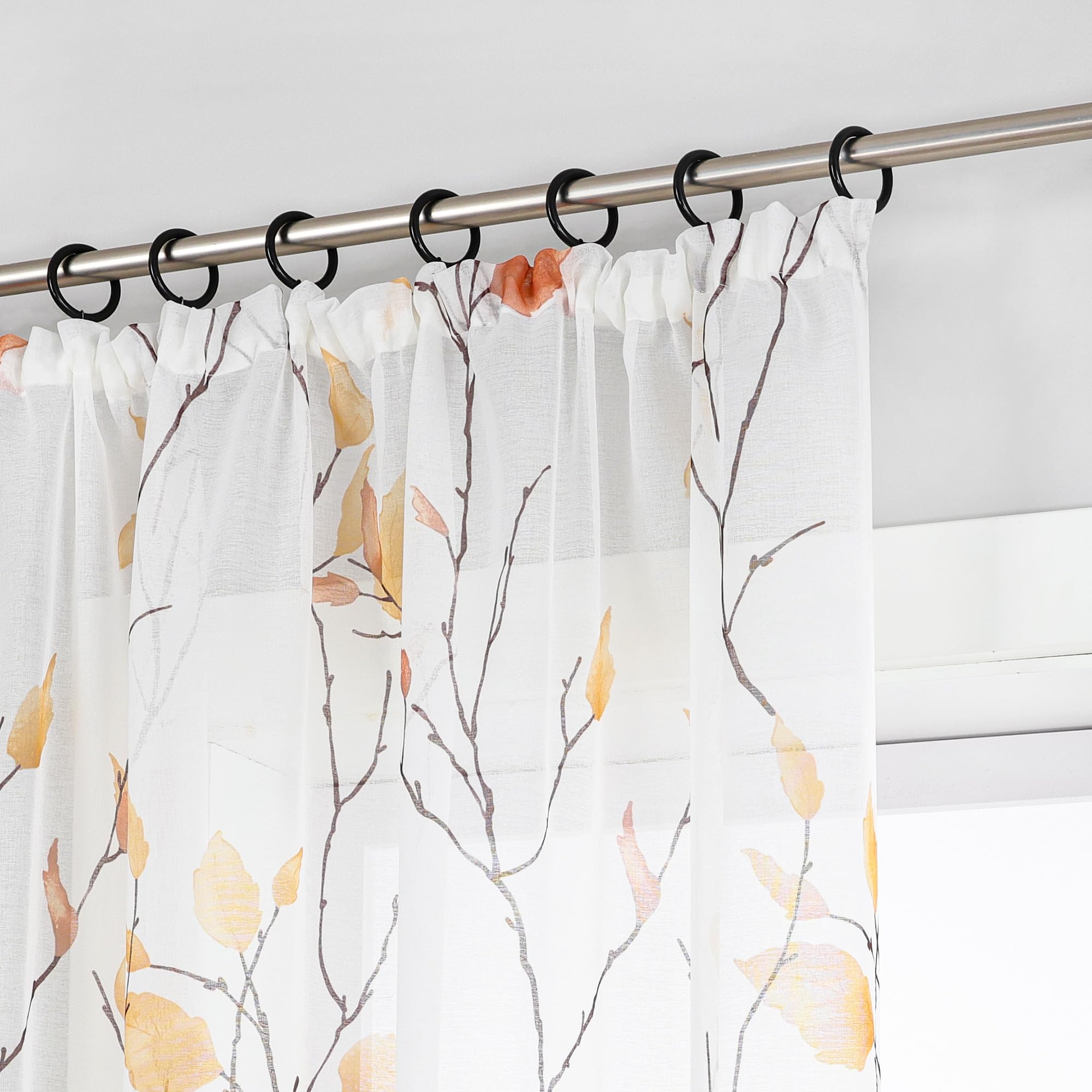 ESLIR Gardinen mit Kräuselband Vorhänge Gardinenschals Transparent Dekoschals mit Blumen Muster Landhaus Orange BxH 140x245 cm 1 Stück