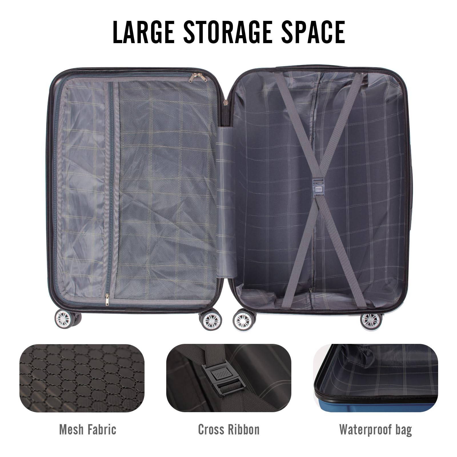 Todeco Valise Moyenne Taille 68cm, Valise de Voyage Rigide et Légère en ABS, Bagage à roulettes avec 4 Doubles Roues Pivotantes 360°, 68x45x26cm, 58-66L, Bleu foncé