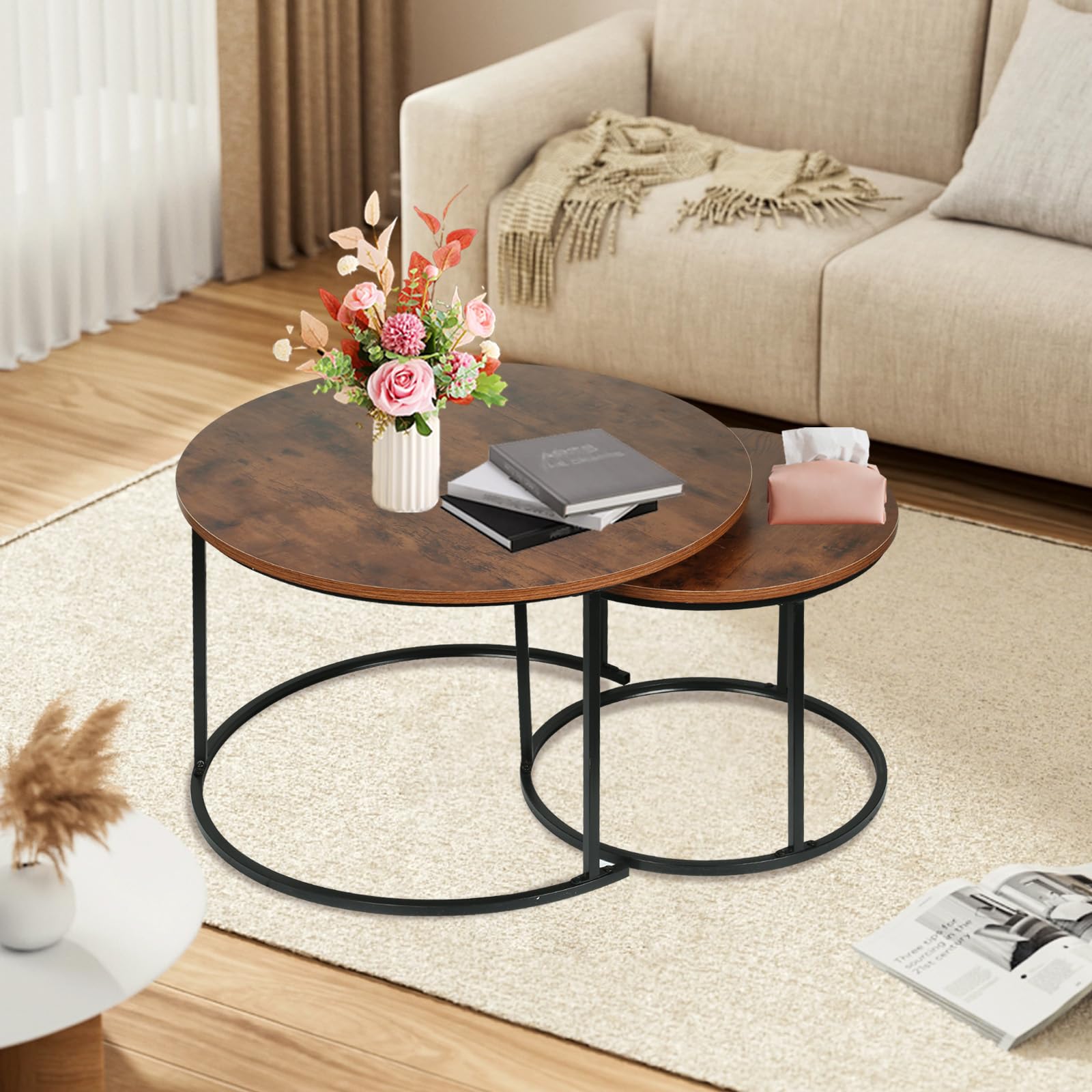 HUOLE Tavoli estraibili rotondi Set di 2 pezzi, con telaio in metallo dorato, piano in finto marmo, per soggiorno, camera da letto, ufficio, appartamento -B (60 x 60 x 45 e 40 x 40 x 38) in legno