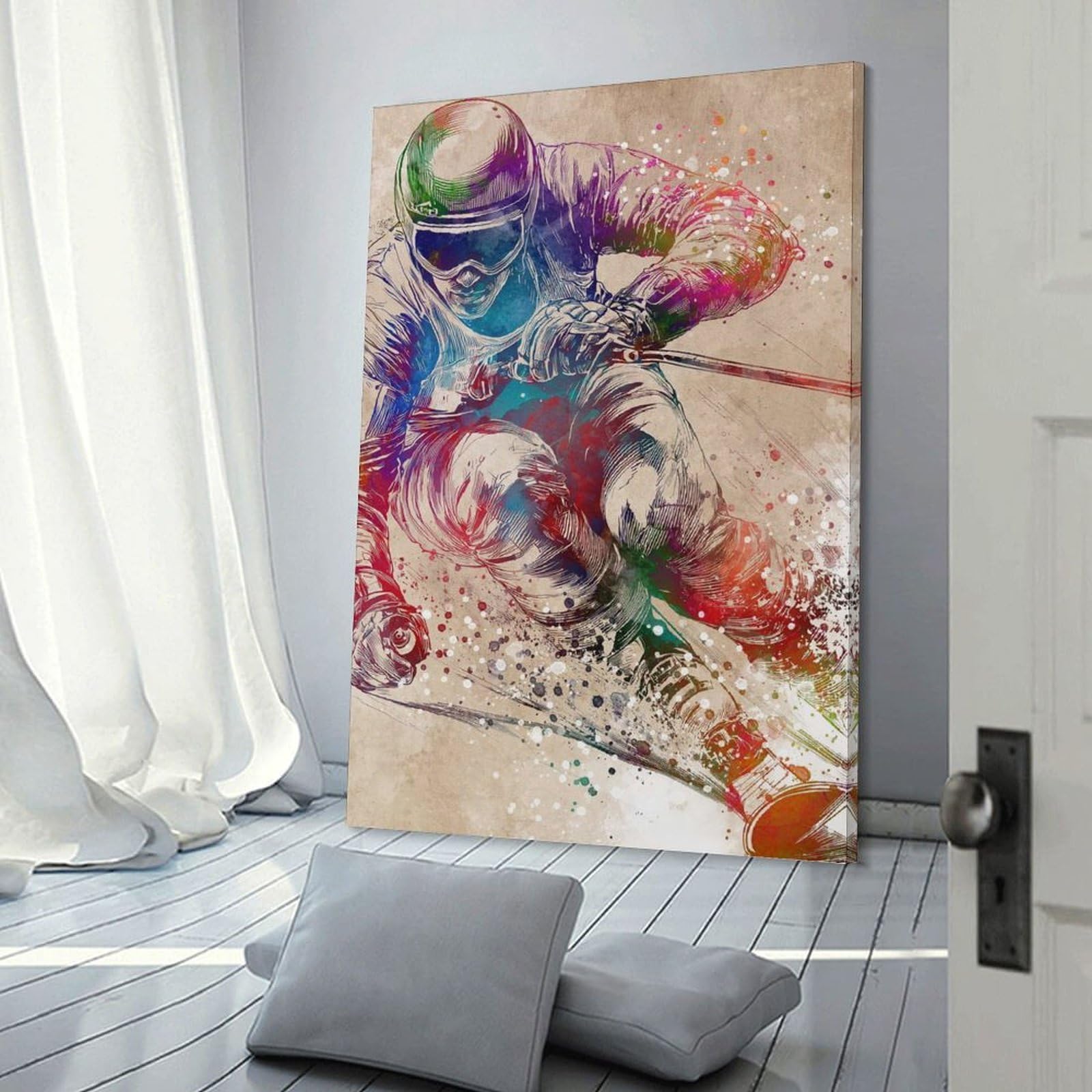 Junmoney Watercolor Skiing Artwork Wall Art Print, 16x24inch(40x60cm), for Lounge Decor, Bedroom Walls Or Flats, Decorative Artwork for Empty Walls