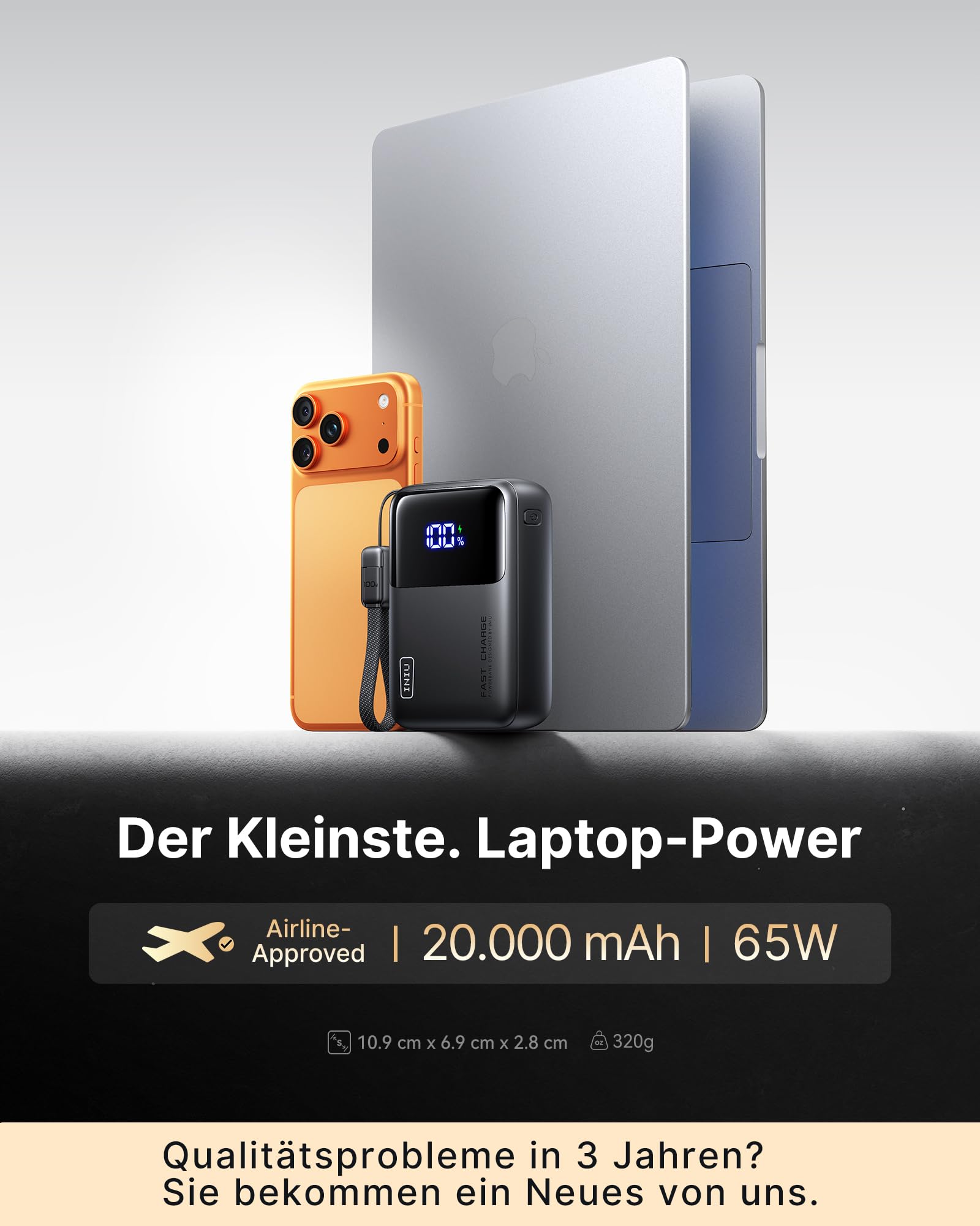 INIU 65W Schnellladung Laptop Powerbank, Small 20000mAh Externe Handyakkus | Flugzeug Geeignet, Reise-Essential, Externe Handyakkus für MacBook, Laptop, Steam Deck, iPhone 17 16, Samsung S26, iPad uvm