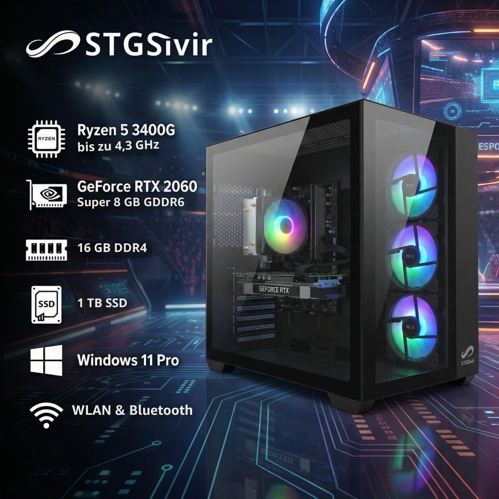 STGsivir Gaming PC, Ryzen 5 3400G, RTX 2060 Super 8G,16G DDR4,1T SSD