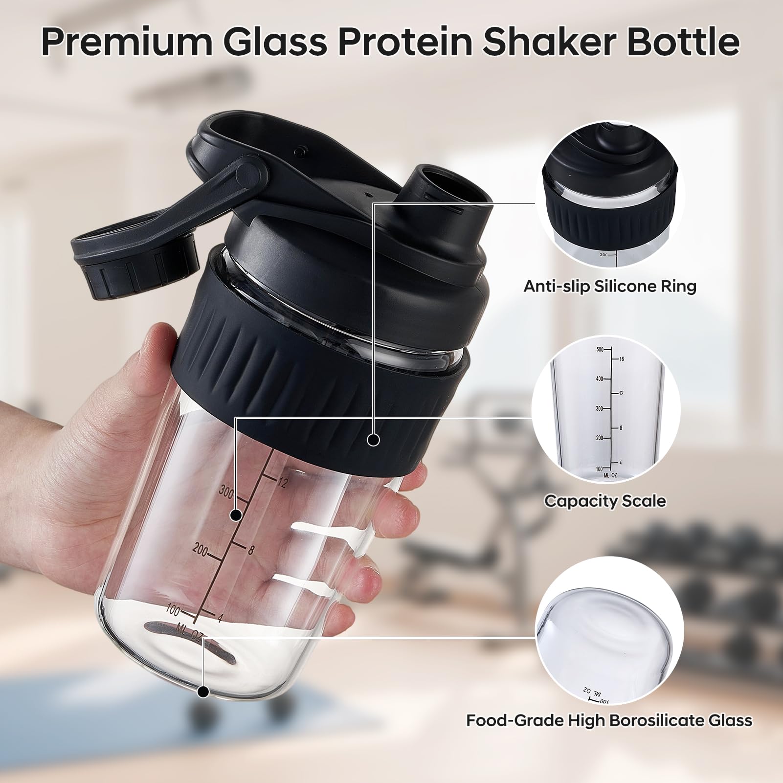 16oz Glass Shaker Bottle for Protein, Small Borosilicate Glass Protein Powder Leak-Proof Shaker Cup Mixes with 304 Blending Ball(16oz,Black) - 3