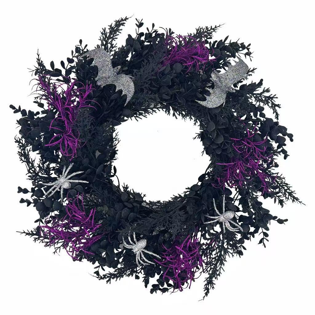 Halloween Wreath for Front Door, 20 Inch Creepy Wreath with Silver Spiders
